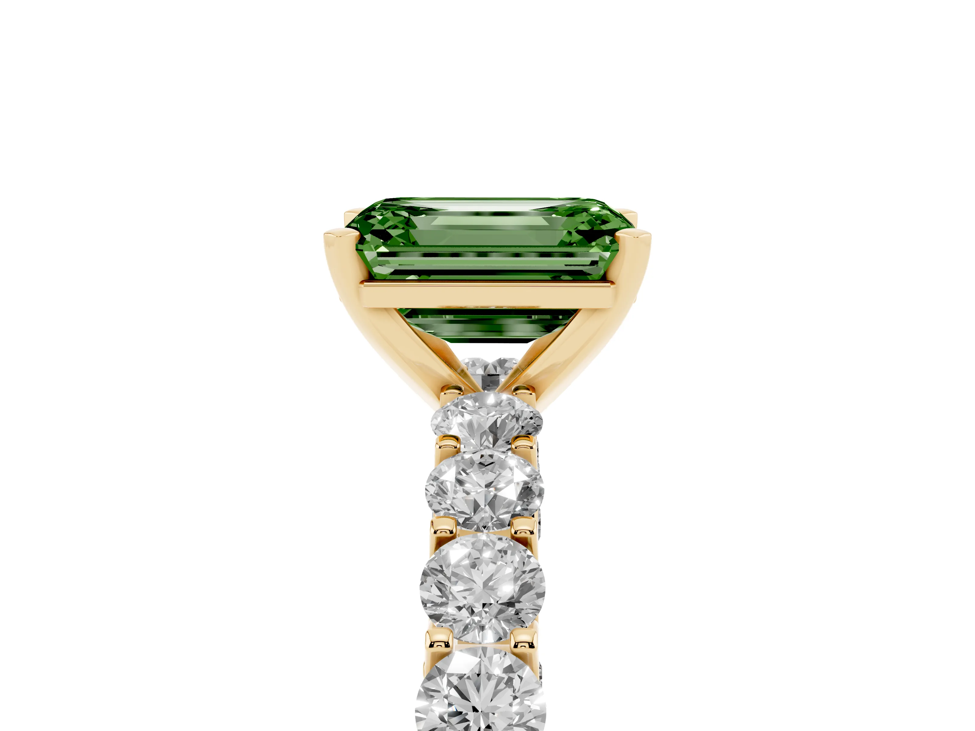 Fancy Green Emerald Cut Diamond Solitaire Ring Set in Yellow gold with Shared Prong Pavé Band