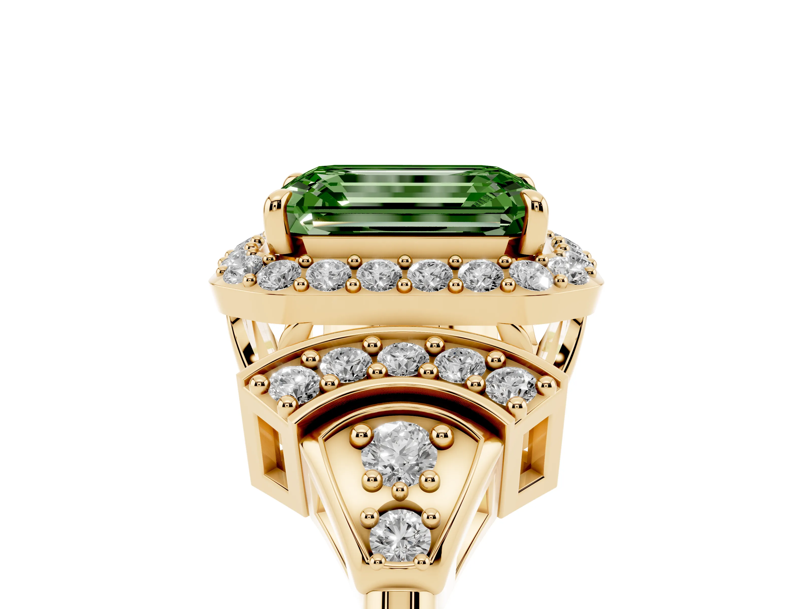 Fancy Green Emerald Cut Diamond Halo Engagement Ring Set in Yellow gold with Accent Stone Split Shank