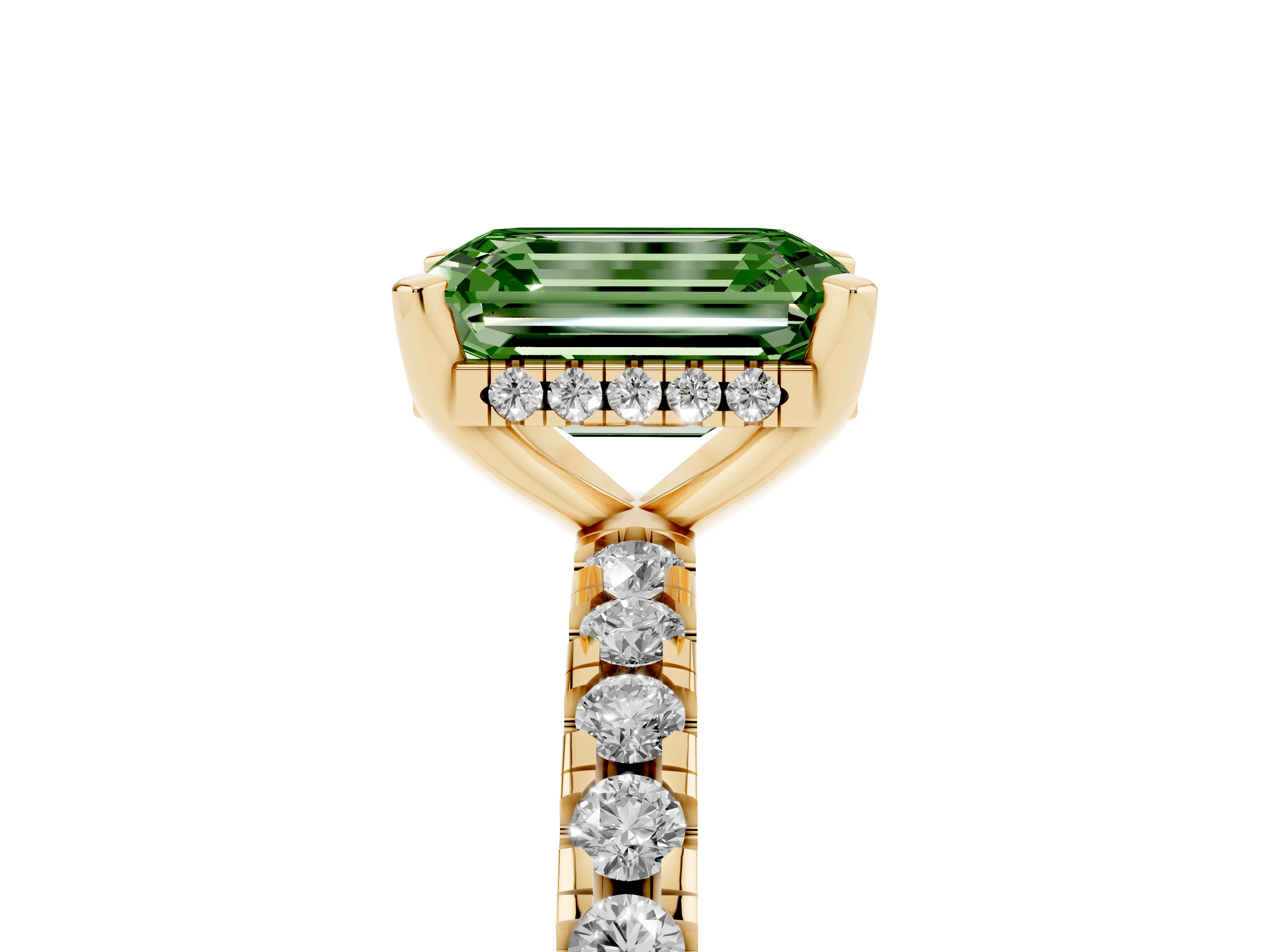 Fancy Green Emerald Cut Diamond Pavé Solitaire Ring Set in Yellow gold with Round Band Accents and Prong Setting