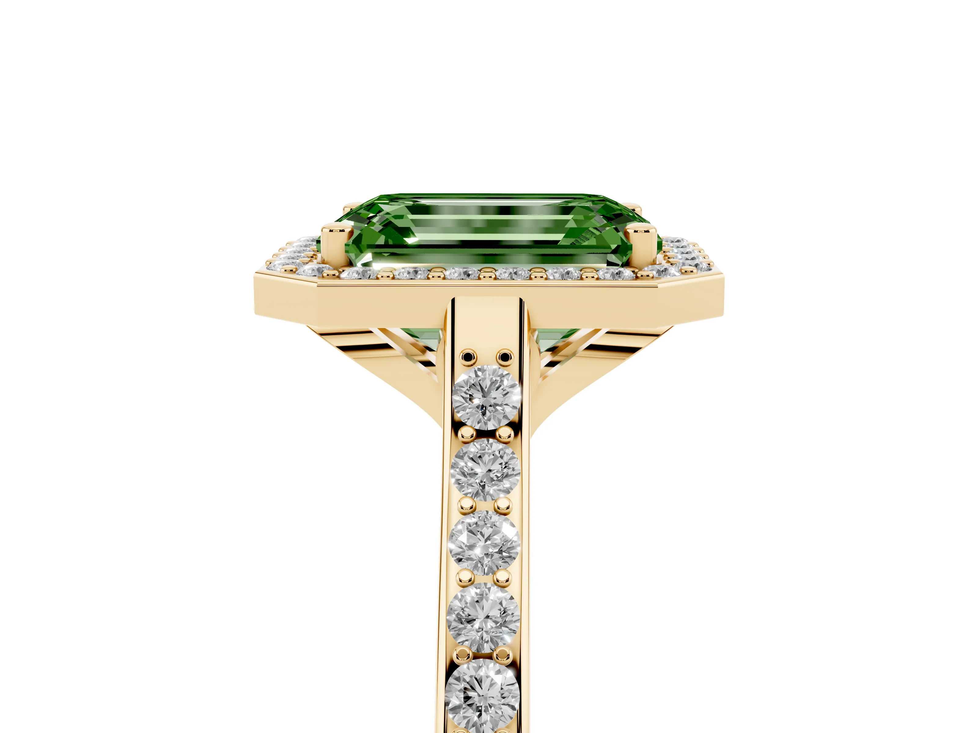Fancy Green Emerald Cut Diamond Halo Engagement Ring Set in Yellow gold with Round Pavé Shoulders and Heart Gallery