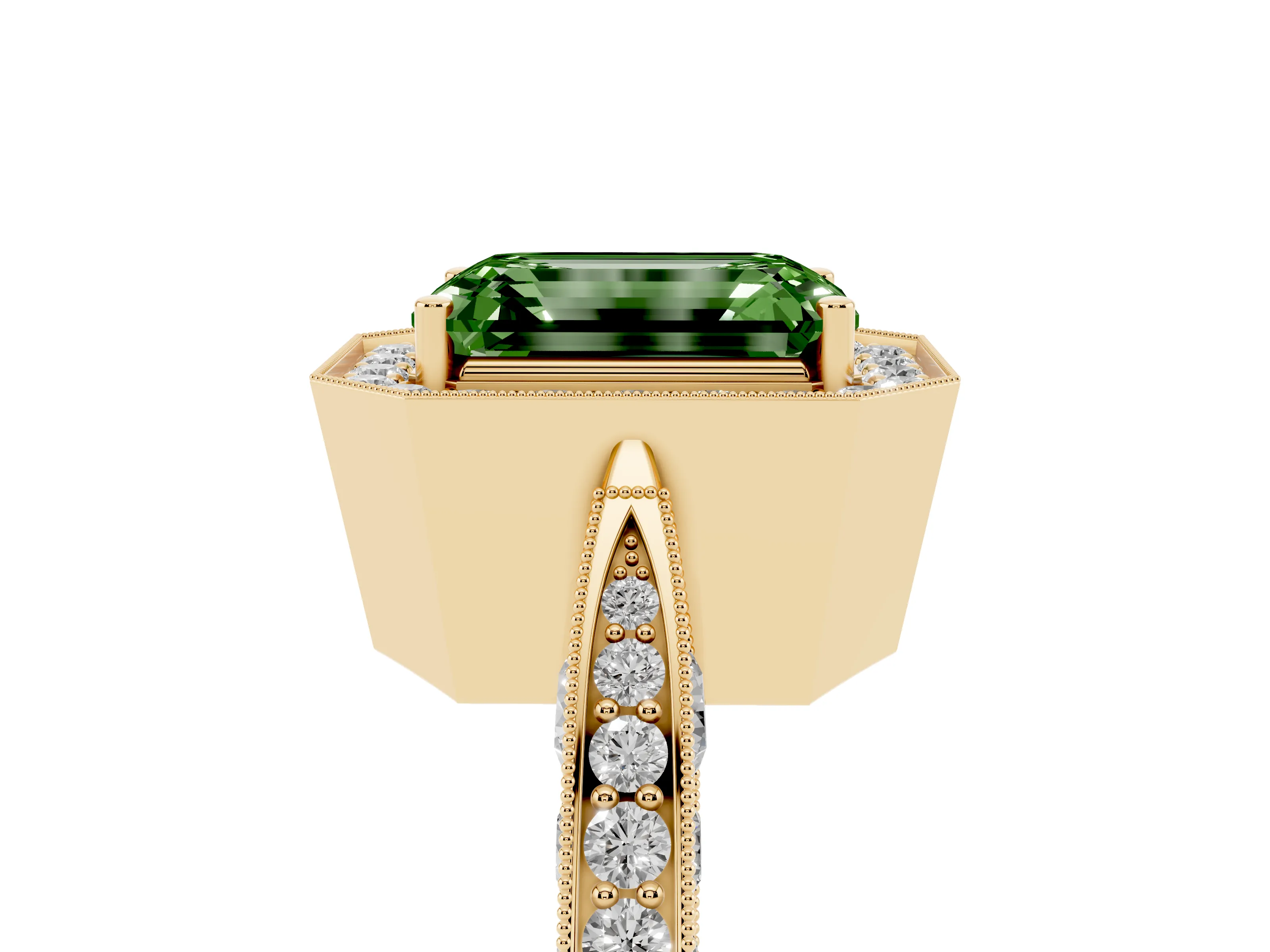 Fancy Green Emerald Cut Diamond Halo Engagement Ring Set in Yellow gold with Accent Split Shank Band
