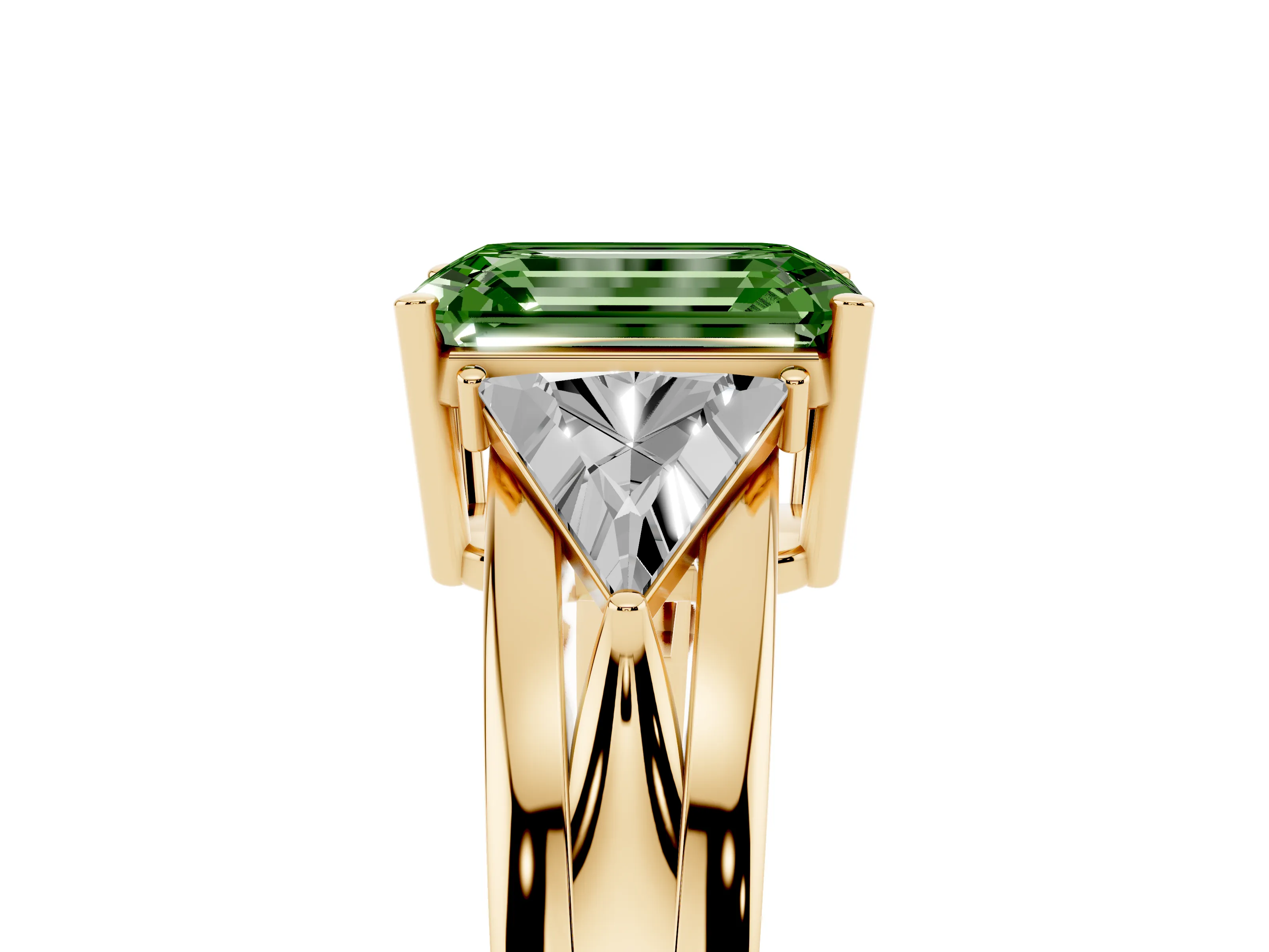 Fancy Green Emerald Cut Diamond Three-Stone Ring Set in Yellow gold with Trillion Side Stones and Split Shank