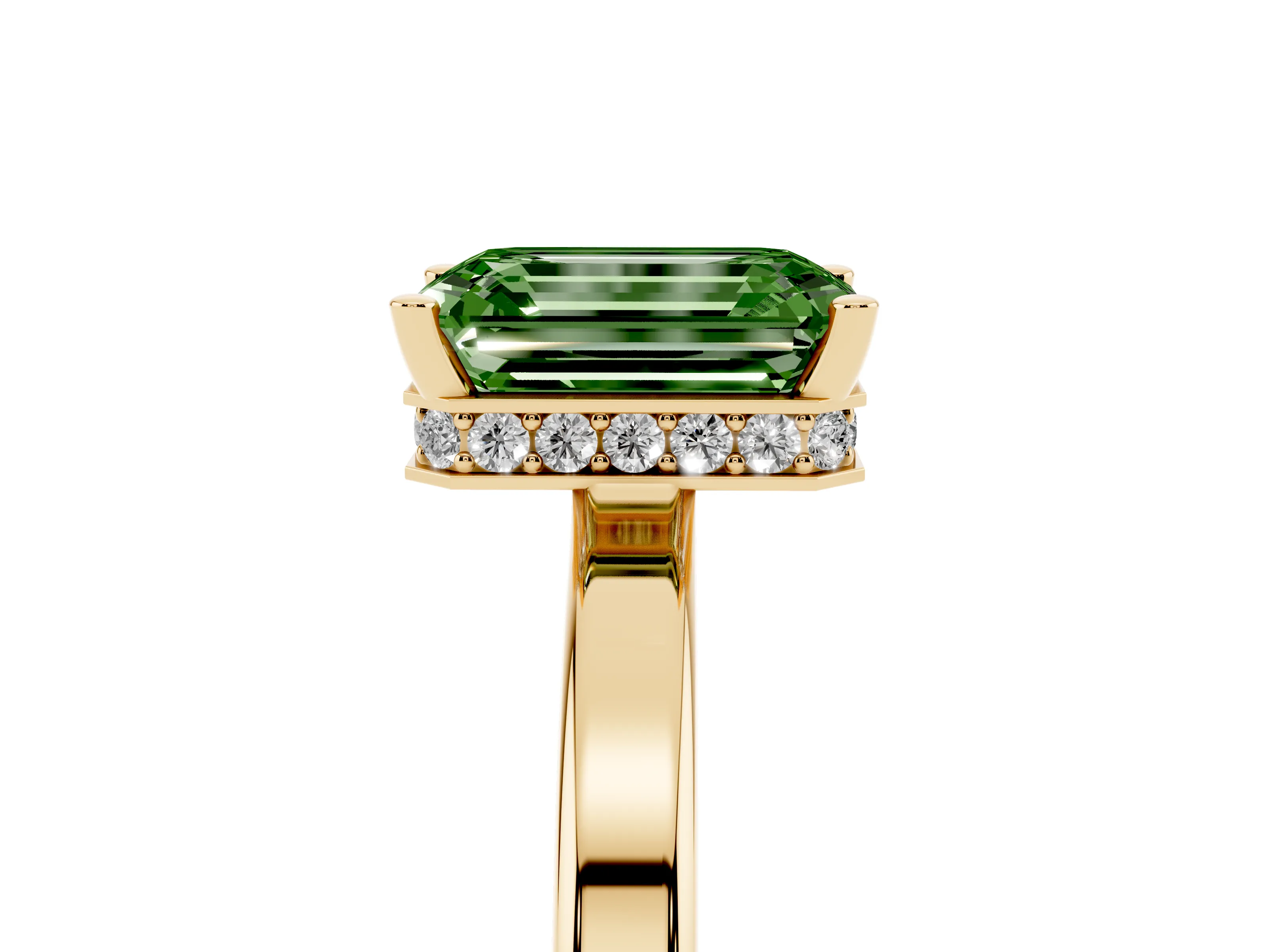 Fancy Green Emerald Cut Diamond Solitaire Engagement Ring Set in Yellow gold with Prong Setting on a Plain Band