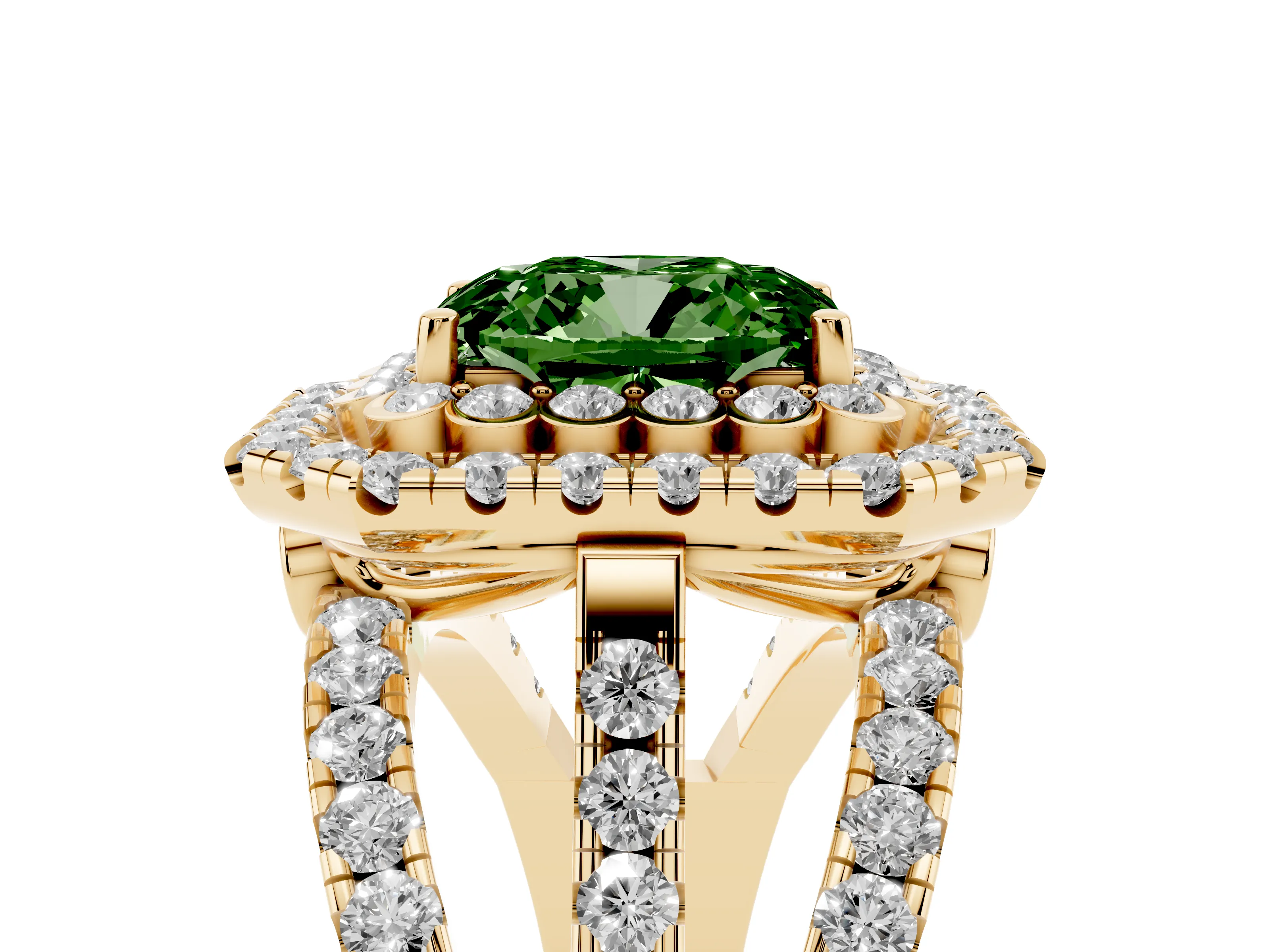 Fancy Green Emerald Cut Diamond Double Halo Ring Set in Yellow gold with Round Pavé Split Shank