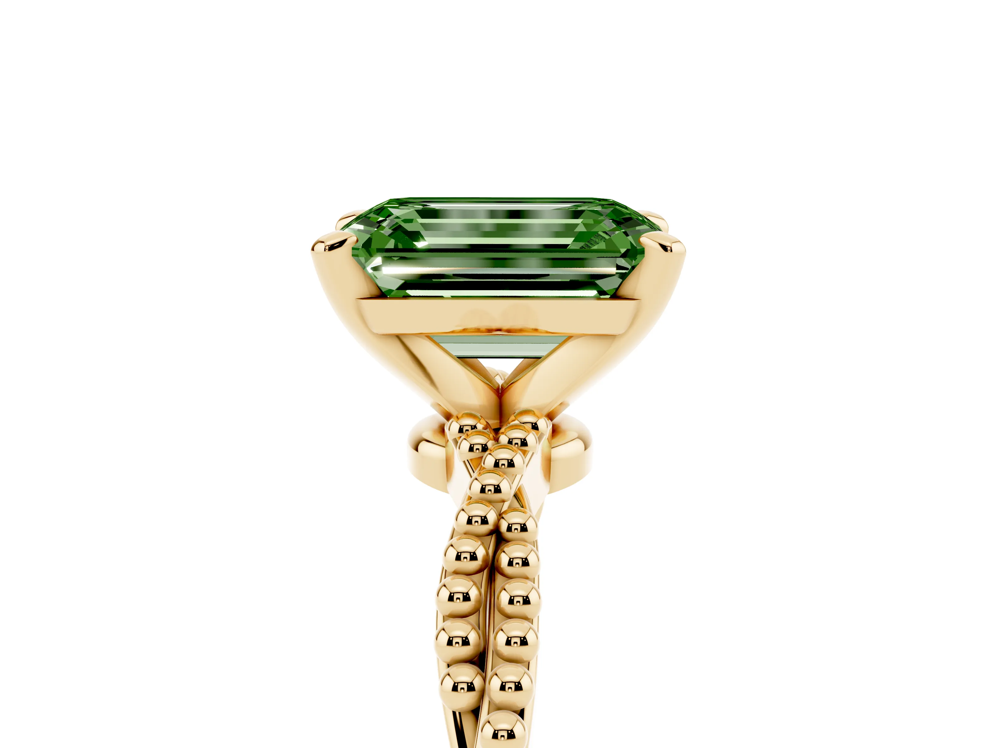 Fancy Green Emerald Cut Diamond Solitaire Ring Set in Yellow gold with Twisted Band and Bead Prong Setting