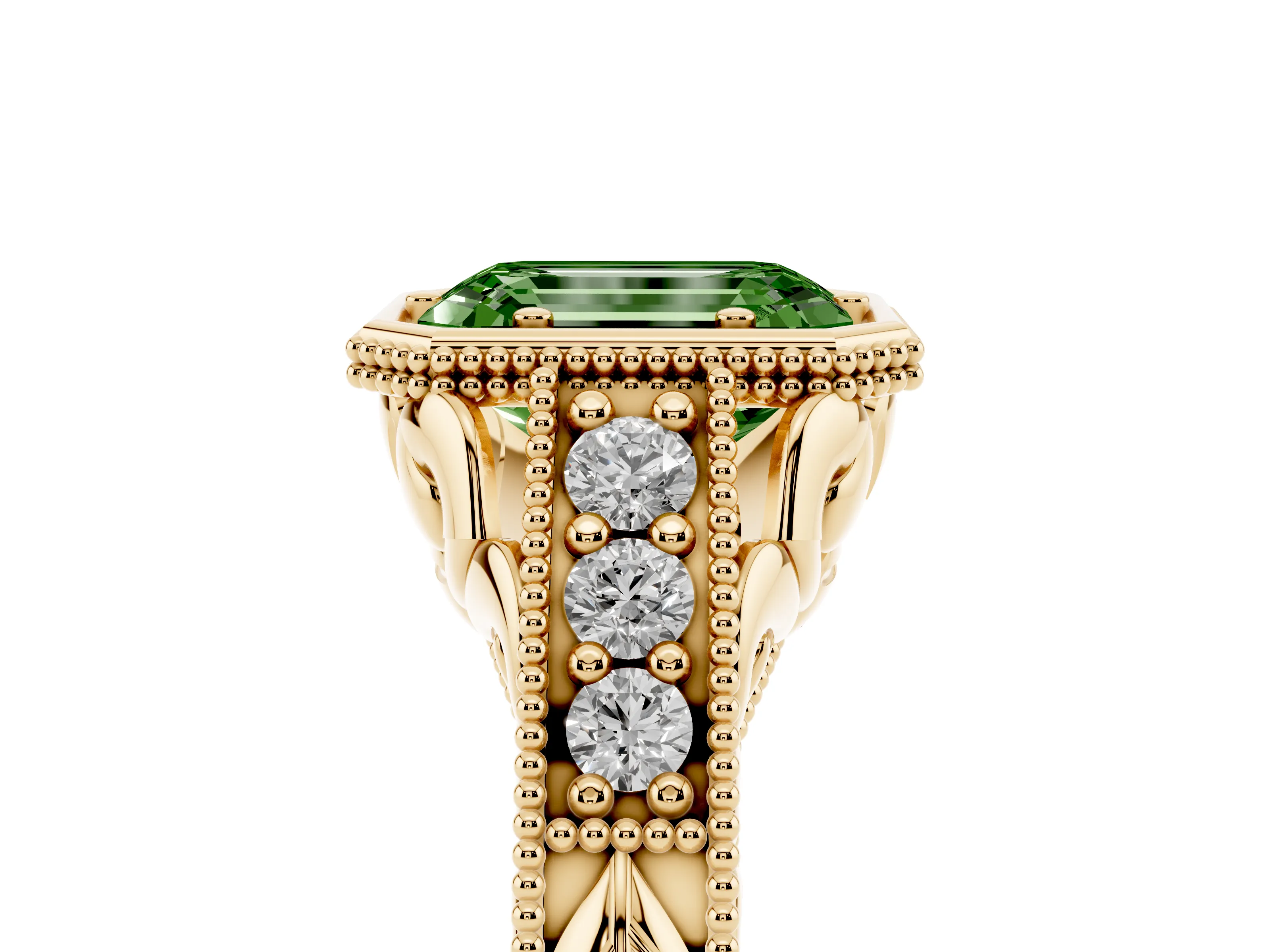 Fancy Green Bezel Set Emerald Cut Diamond Milgrain Pavé Engagement Ring Set in Yellow gold