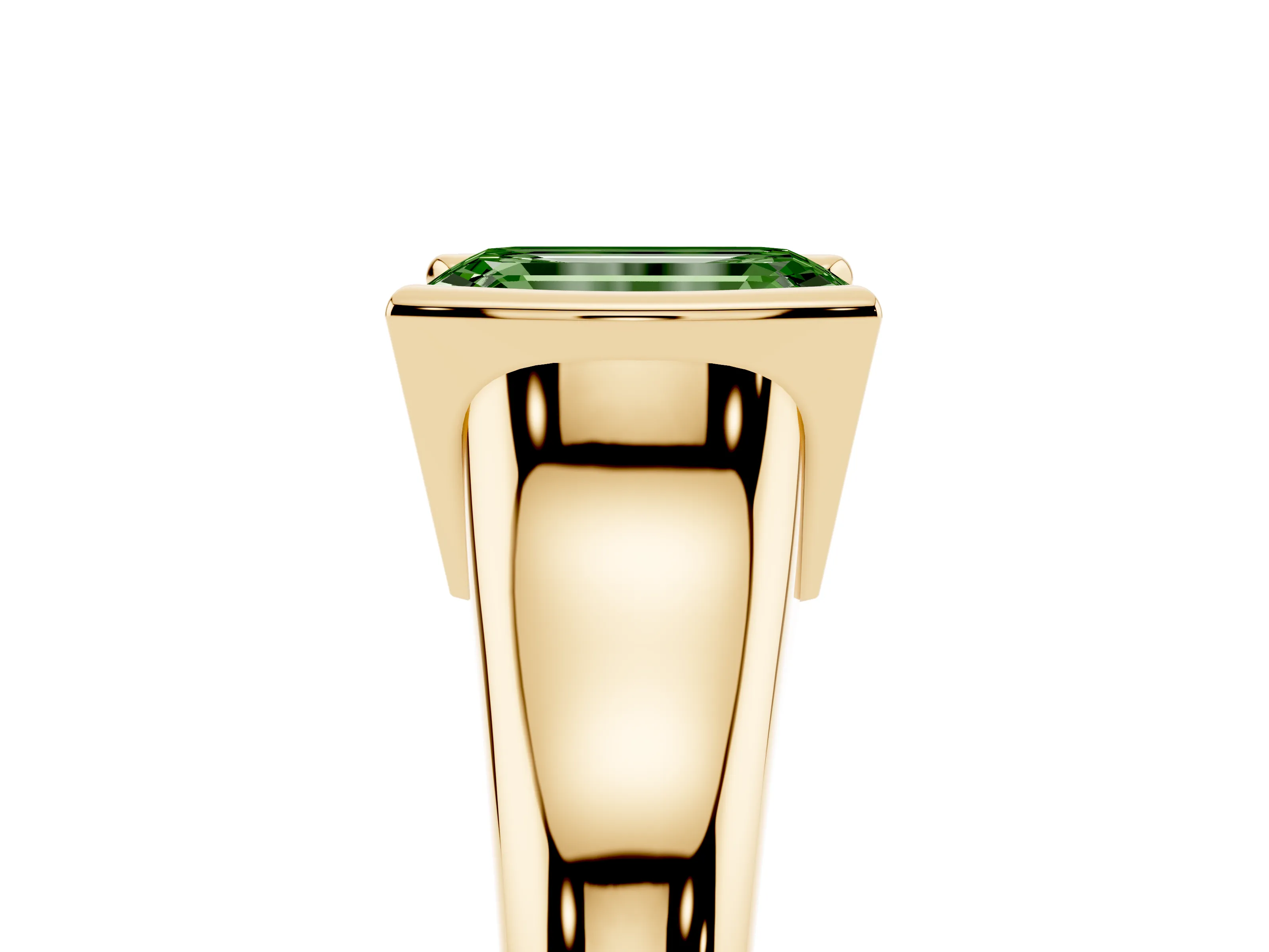 Fancy Green Emerald Cut Diamond Solitaire Tension Set Ring Set in Yellow gold with Split Shank Band