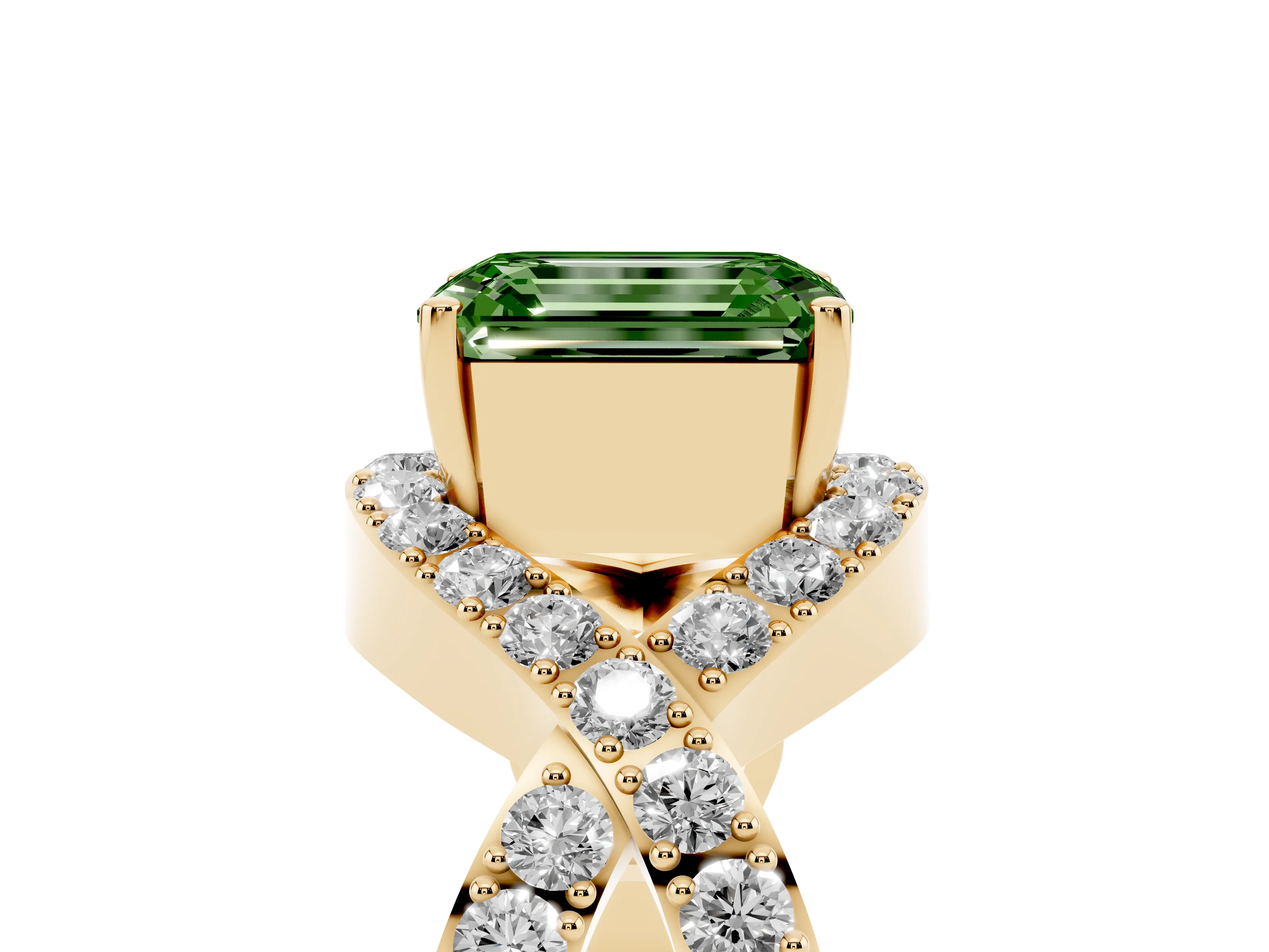 Fancy Green Emerald Cut Diamond Solitaire Twist Band Pavé Engagement Ring Set in Yellow gold