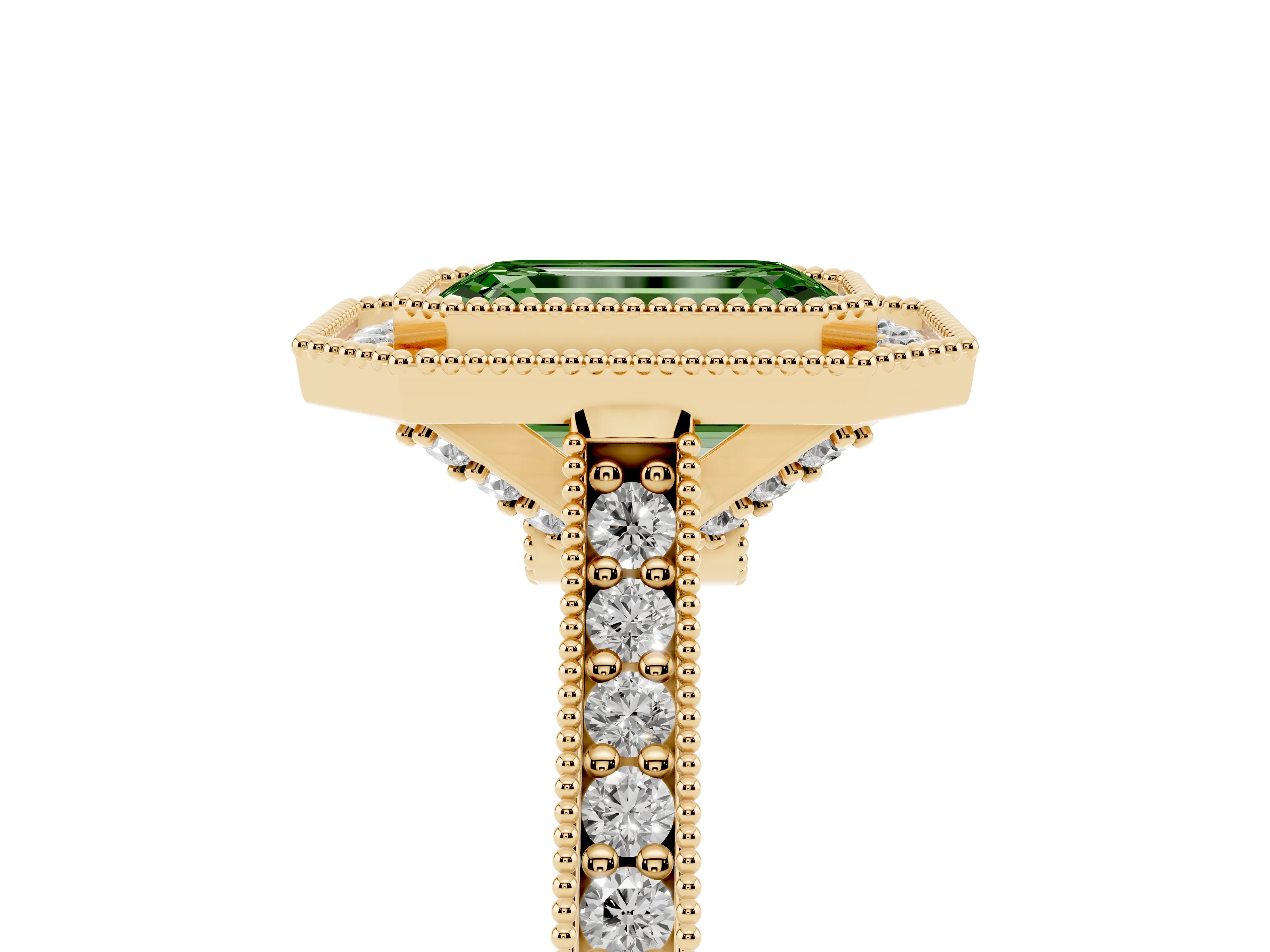 Fancy Green Emerald Cut Diamond Halo Milgrain Pavé Band Ring Set in Yellow gold with Prong Setting