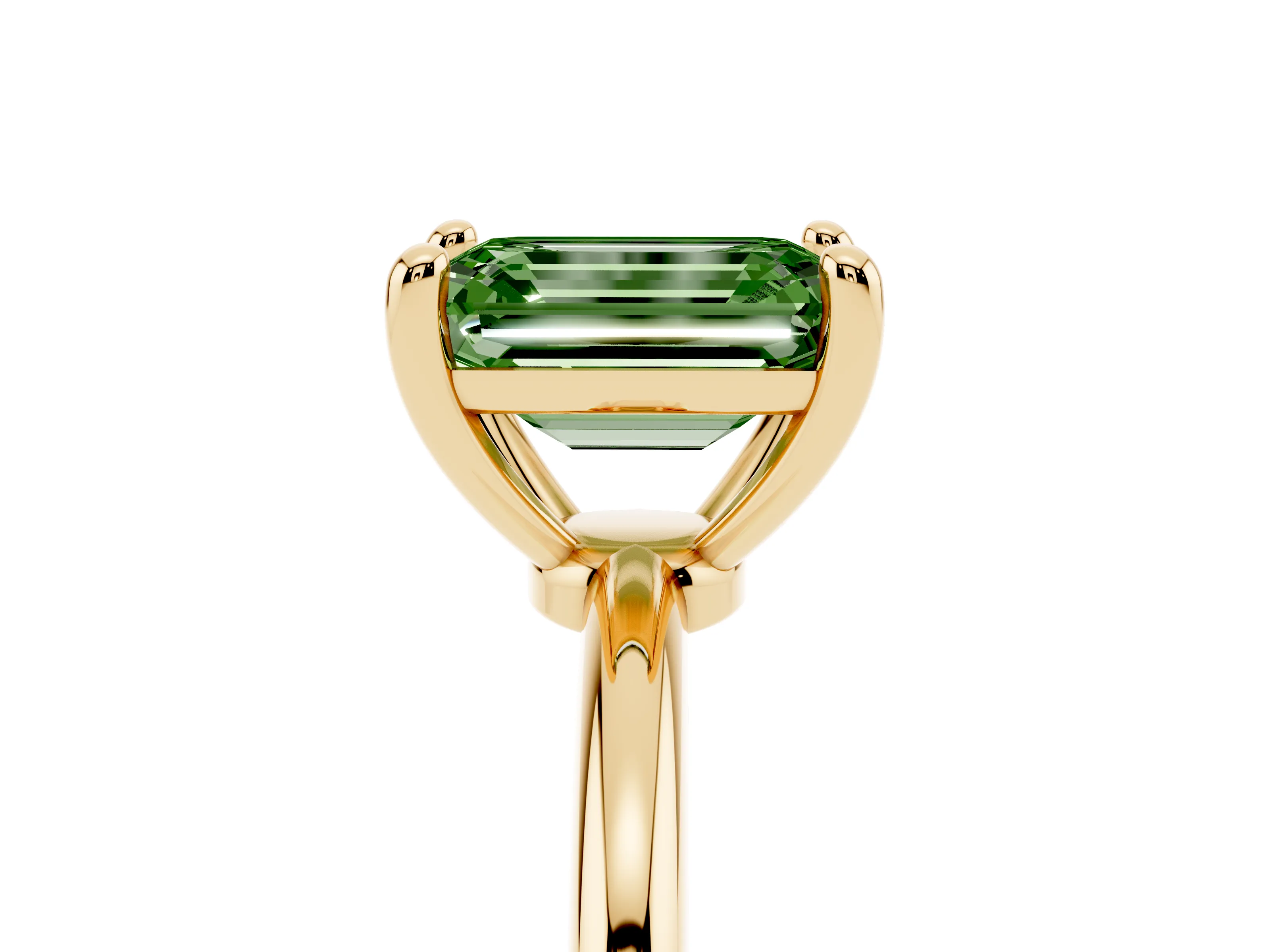 Fancy Green Emerald Cut Diamond Solitaire Ring Set in Yellow gold with Secure Prong Setting on a Classic Band