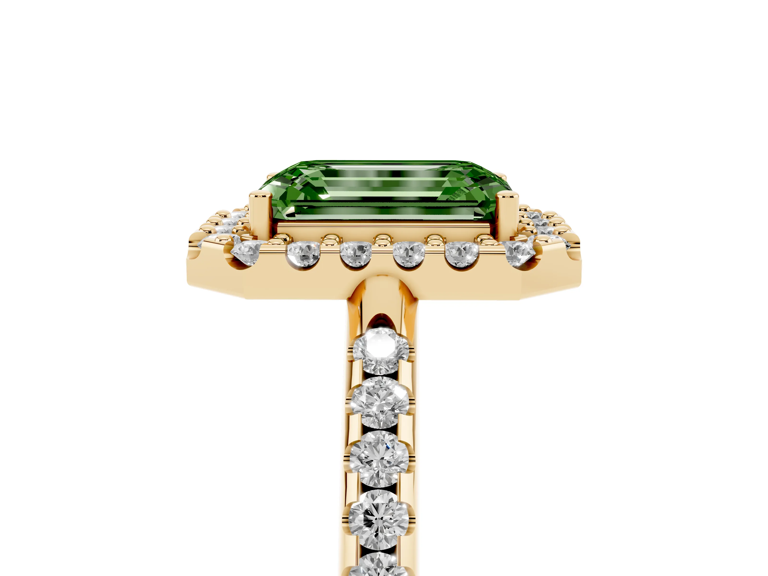 Fancy Green Emerald Cut Diamond Pavé Halo Ring Set in Yellow gold with Prong Setting