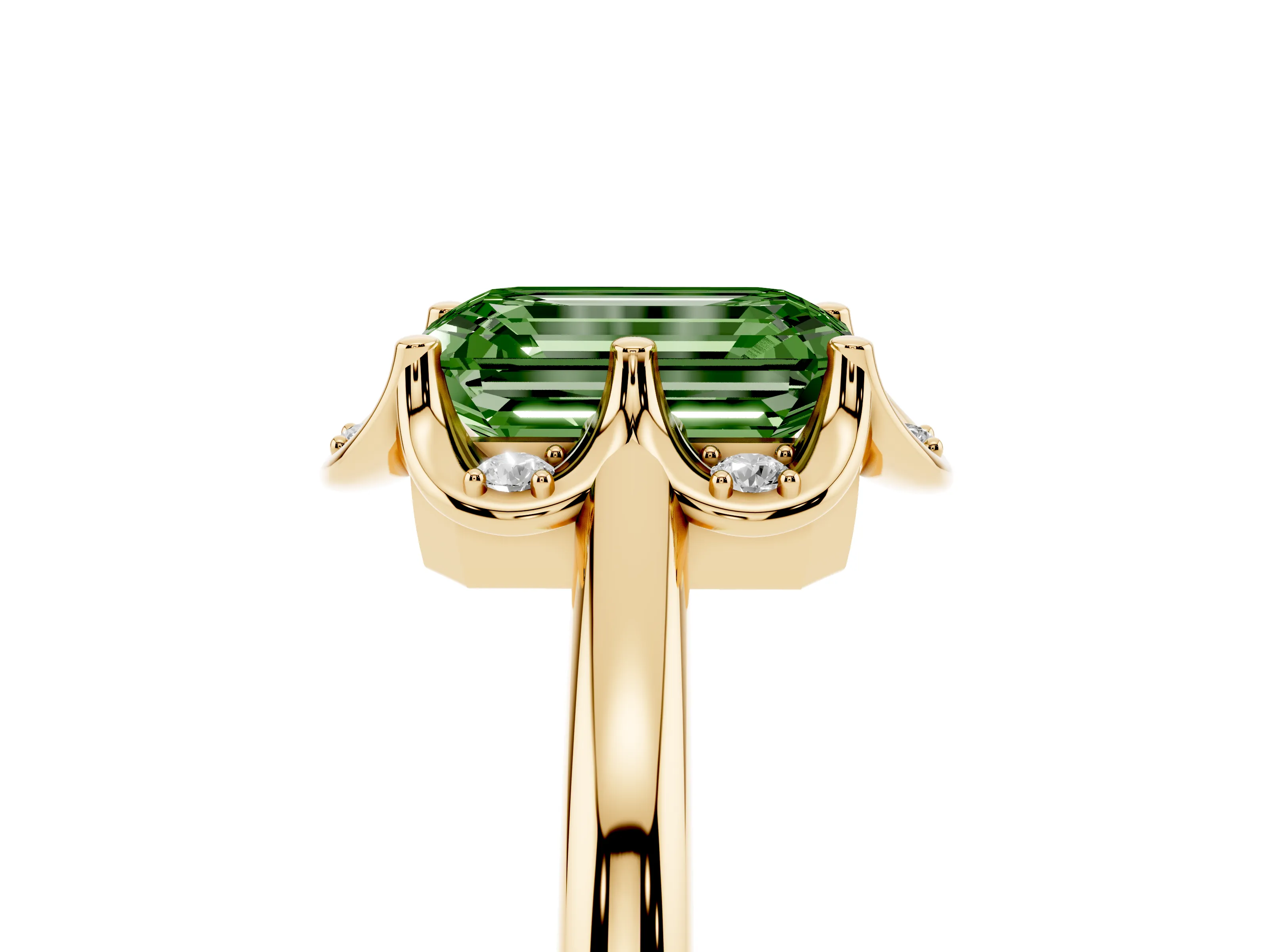 Fancy Green Emerald Cut Diamond Round Cluster Halo Ring Set in Yellow gold with Solitaire Band and Prong Setting