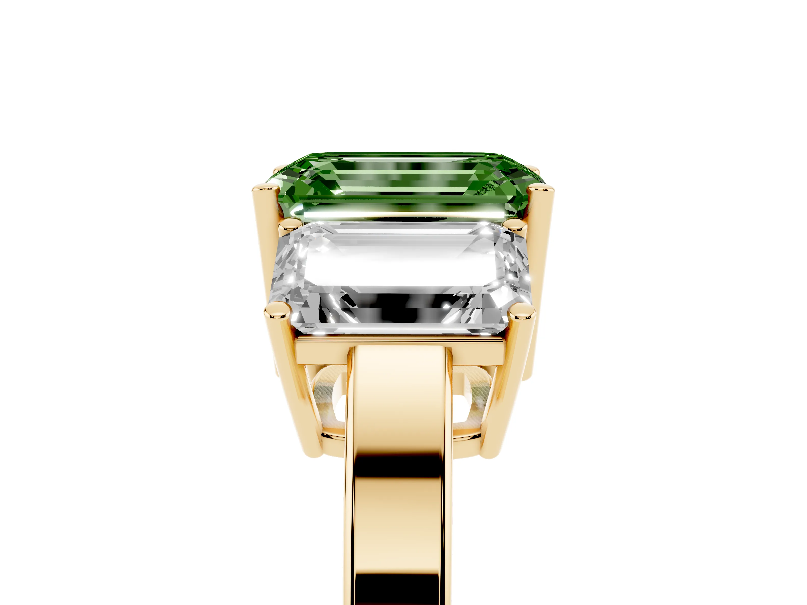 Fancy Green Emerald Cut Diamond Three-Stone Engagement Ring Set in Yellow gold with Flat Band