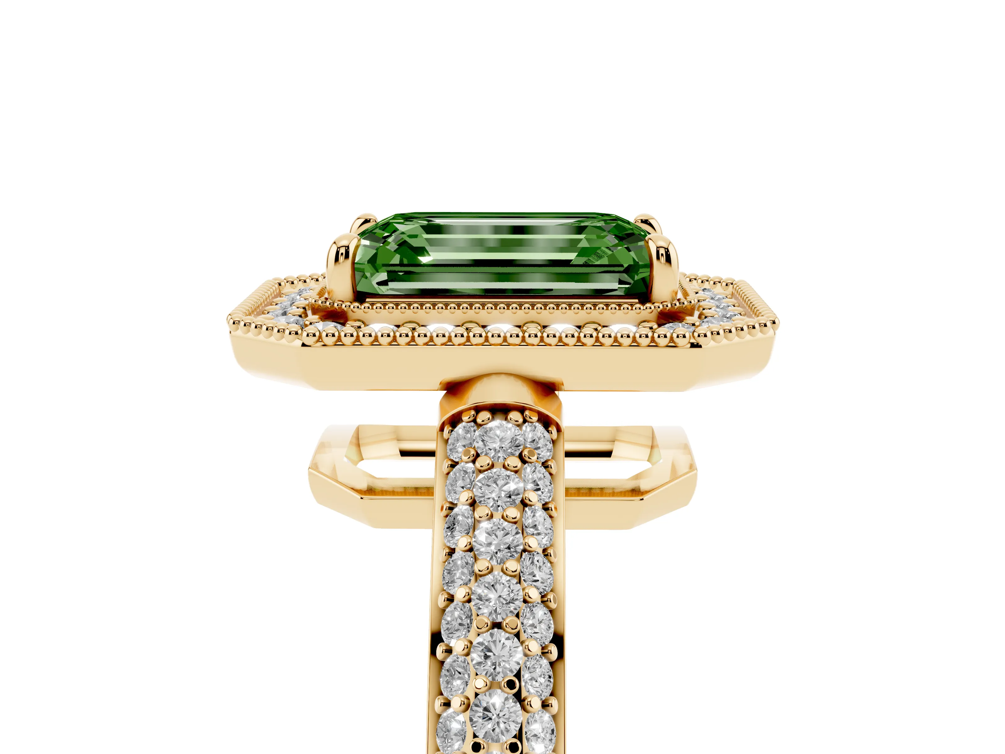Fancy Green Emerald Cut Diamond Halo Pavé Band Set in Yellow gold with Prong Setting