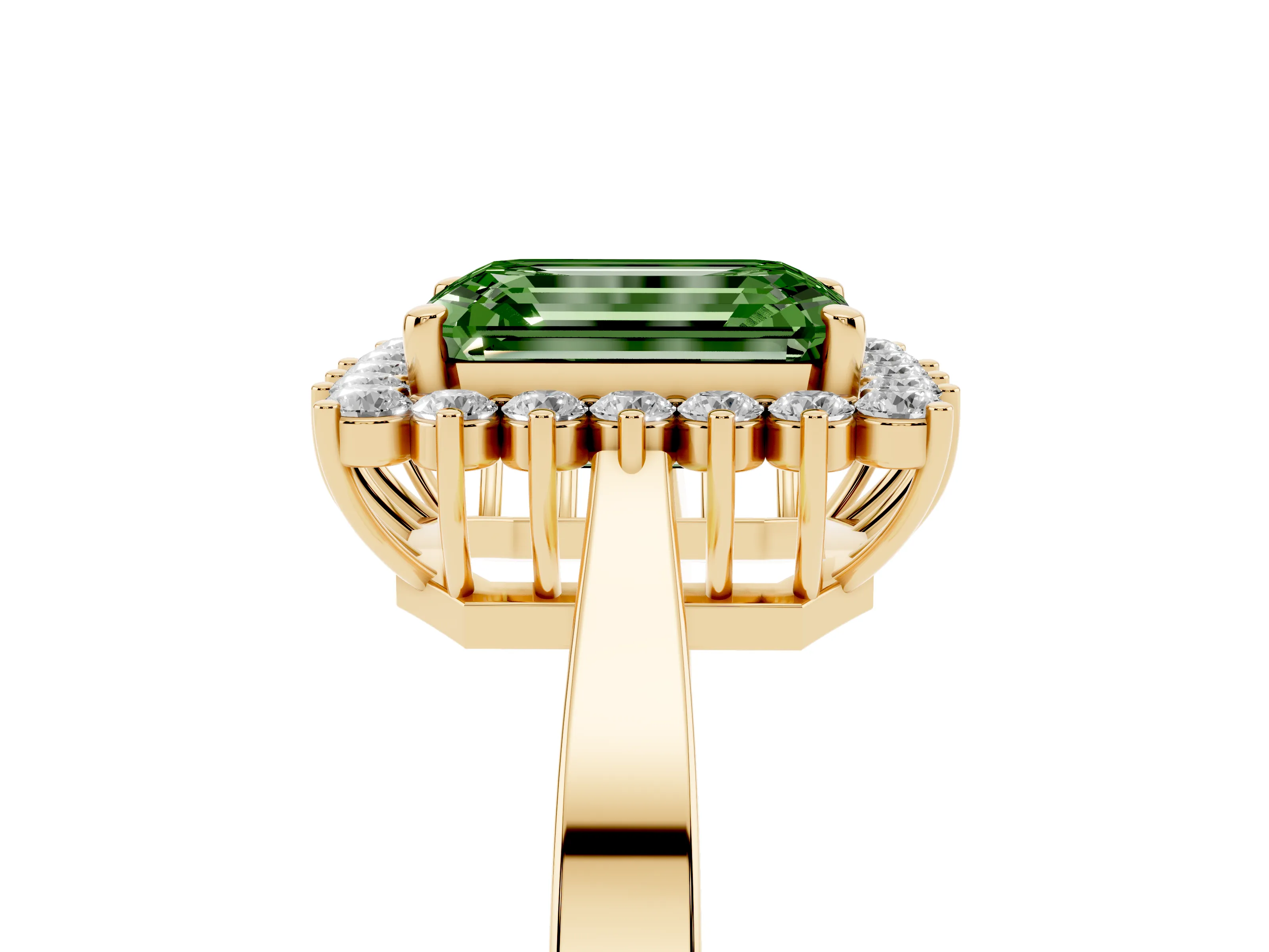 Fancy Green Emerald Cut Diamond Halo Ring Set in Yellow gold with Round Halo and Smooth Solitaire Band