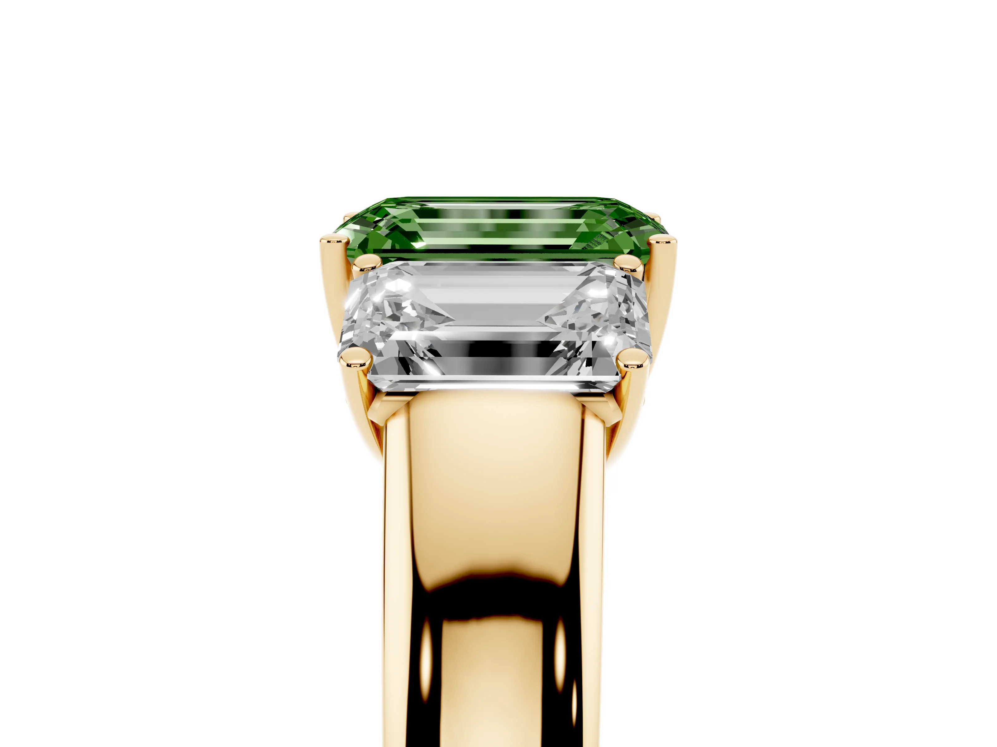 Fancy Green Three-Stone Emerald Cut Diamond Ring Set in Yellow gold with Matching Prong Settings and Plain Band