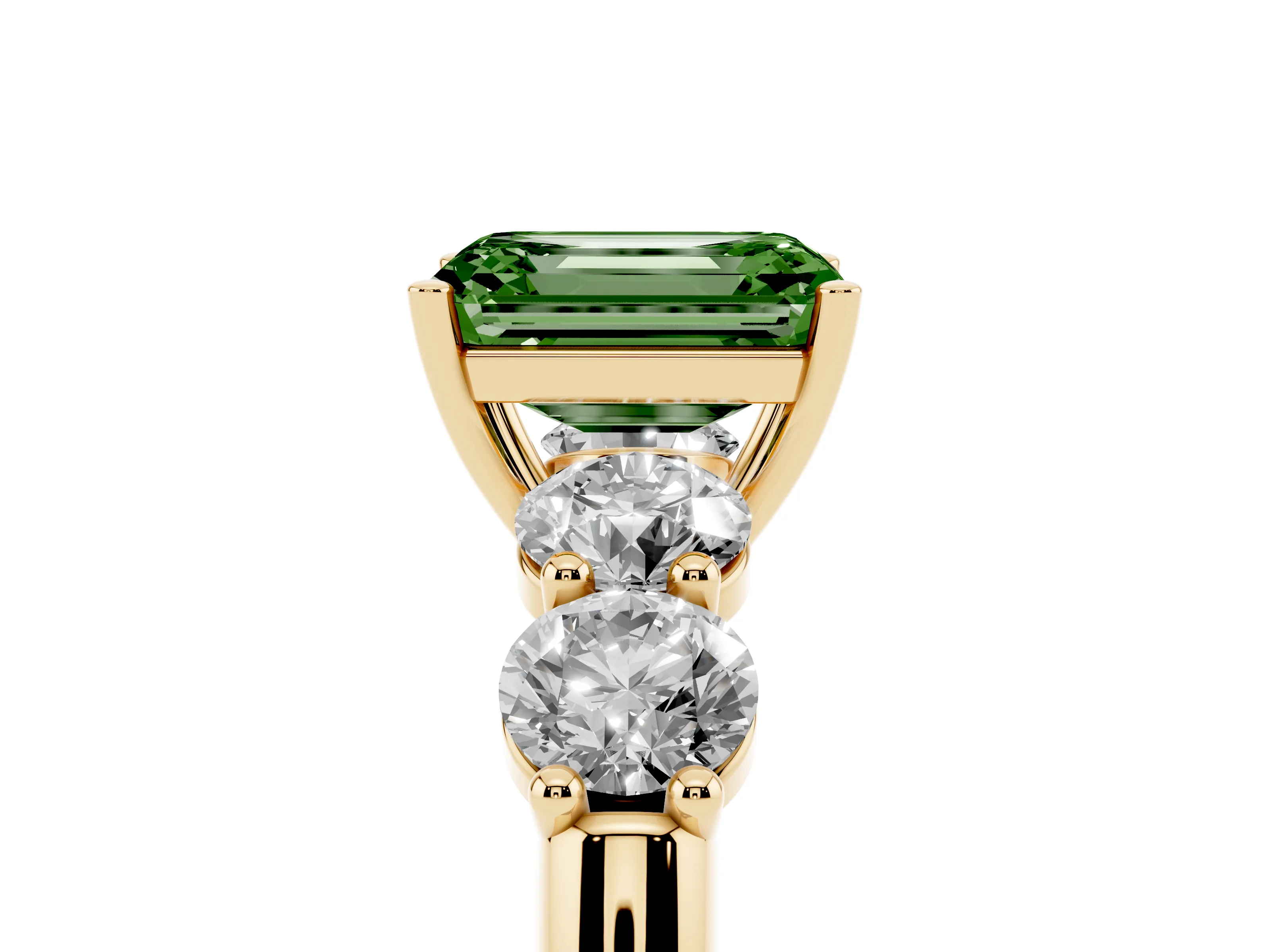 Fancy Green Emerald Cut Diamond Five-Stone Prong Set Ring Set in Yellow gold with Classic Band