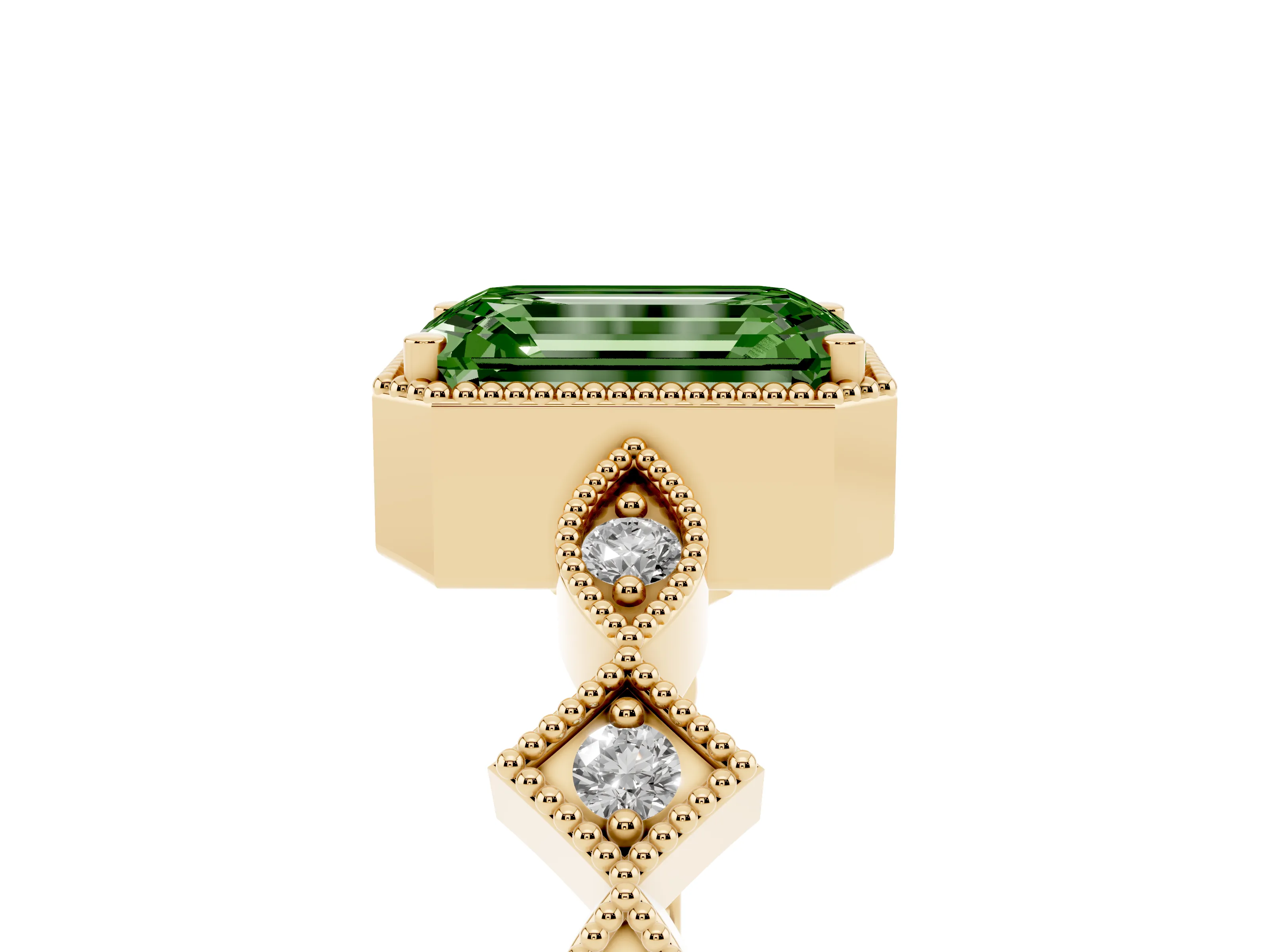 Fancy Green Emerald Cut Diamond Milgrain Marquise Twist Band Ring Set in Yellow gold with Prong Setting