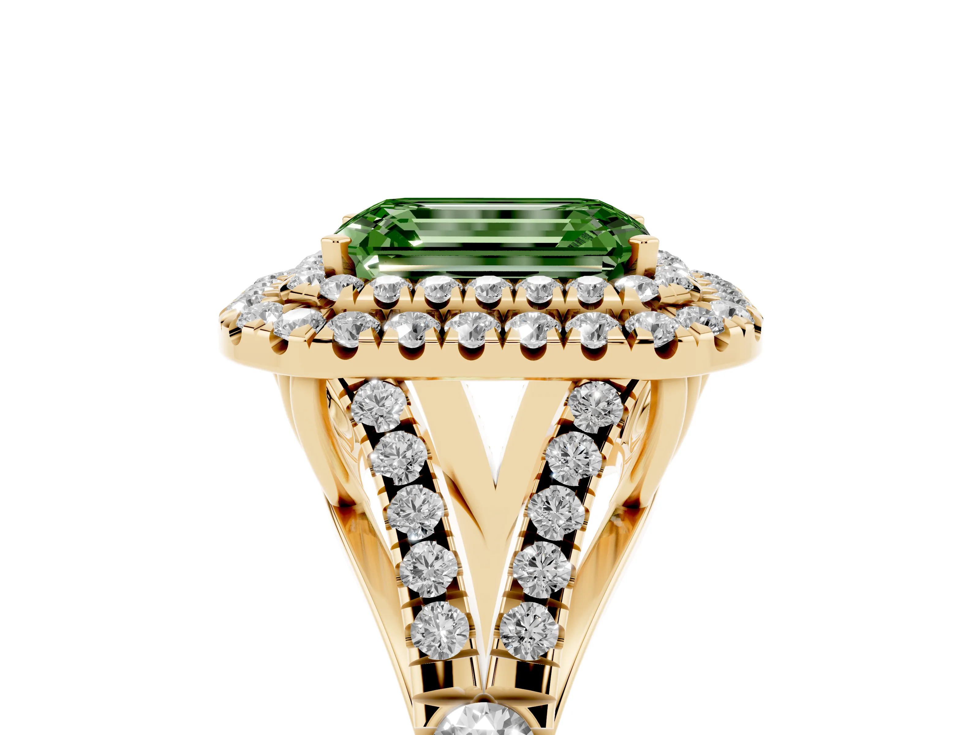 Fancy Green Emerald Cut Diamond Pavé Split Shank Double Halo Engagement Ring Set in Yellow gold