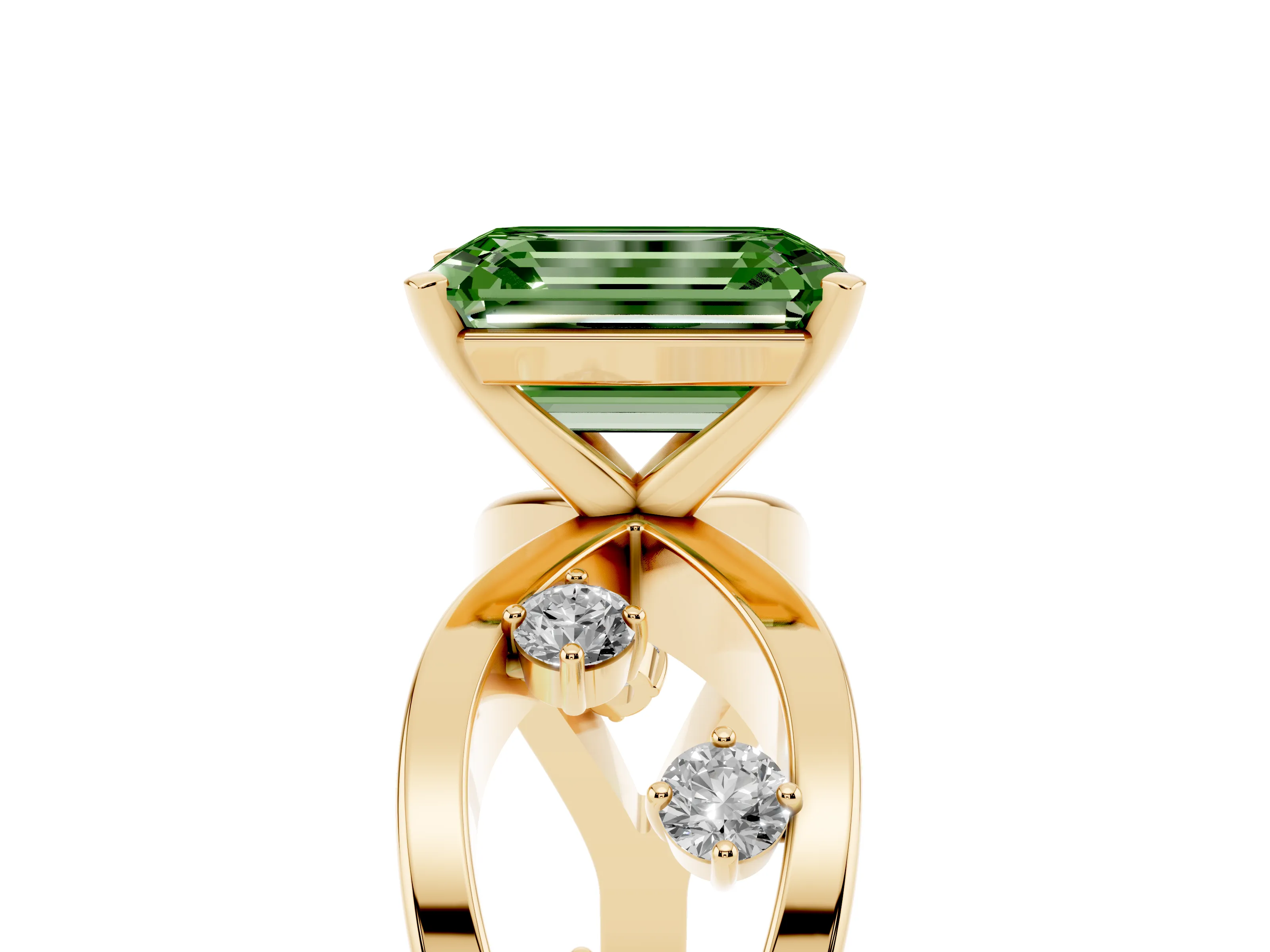 Fancy Green Emerald Cut Diamond Solitaire Ring Set in Yellow gold with Side Stones on Criss-Cross Band and Prong Setting