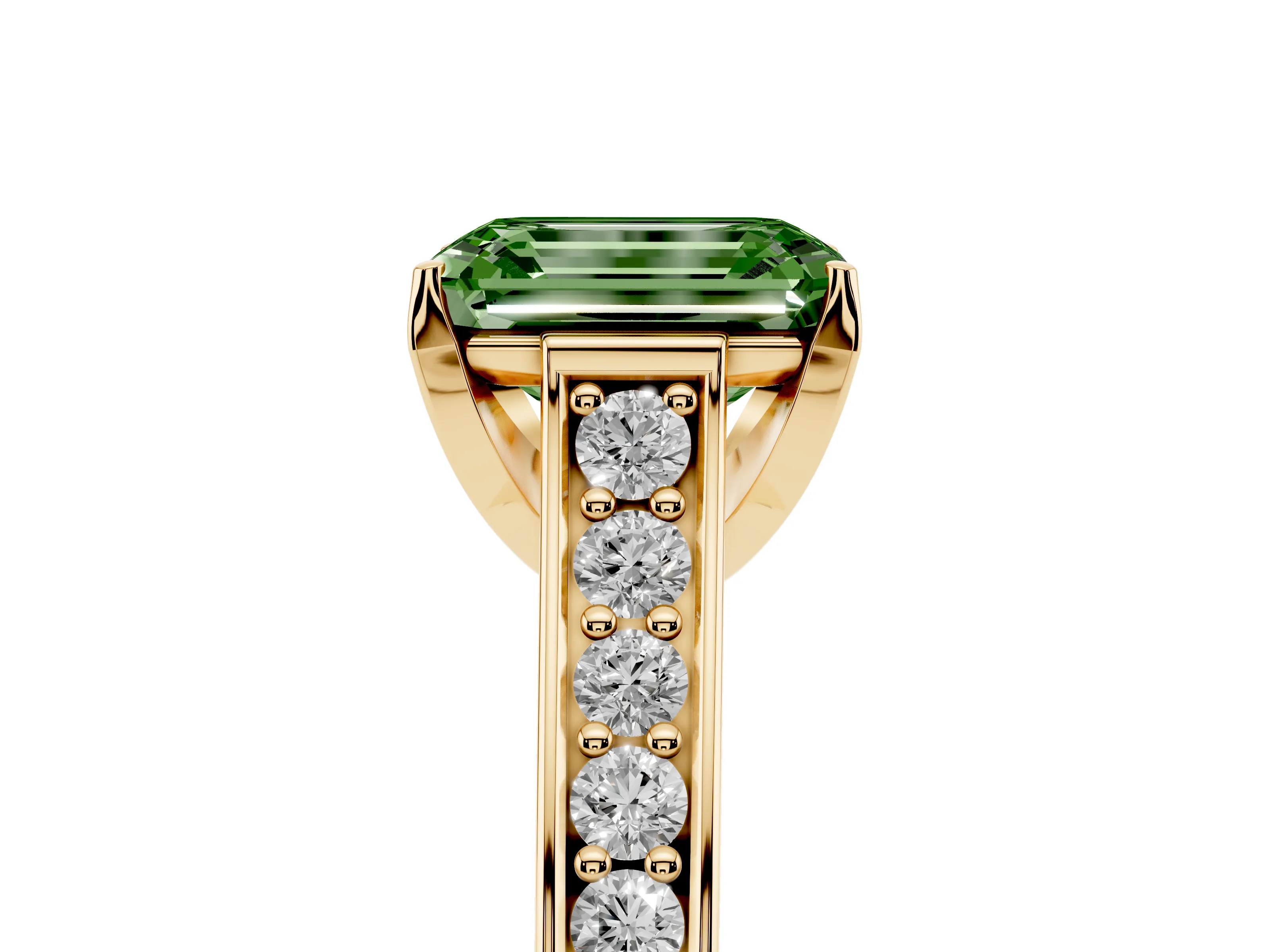 Fancy Green Emerald Cut Diamond Solitaire Pavé Engagement Ring Set in Yellow gold with Prong Setting