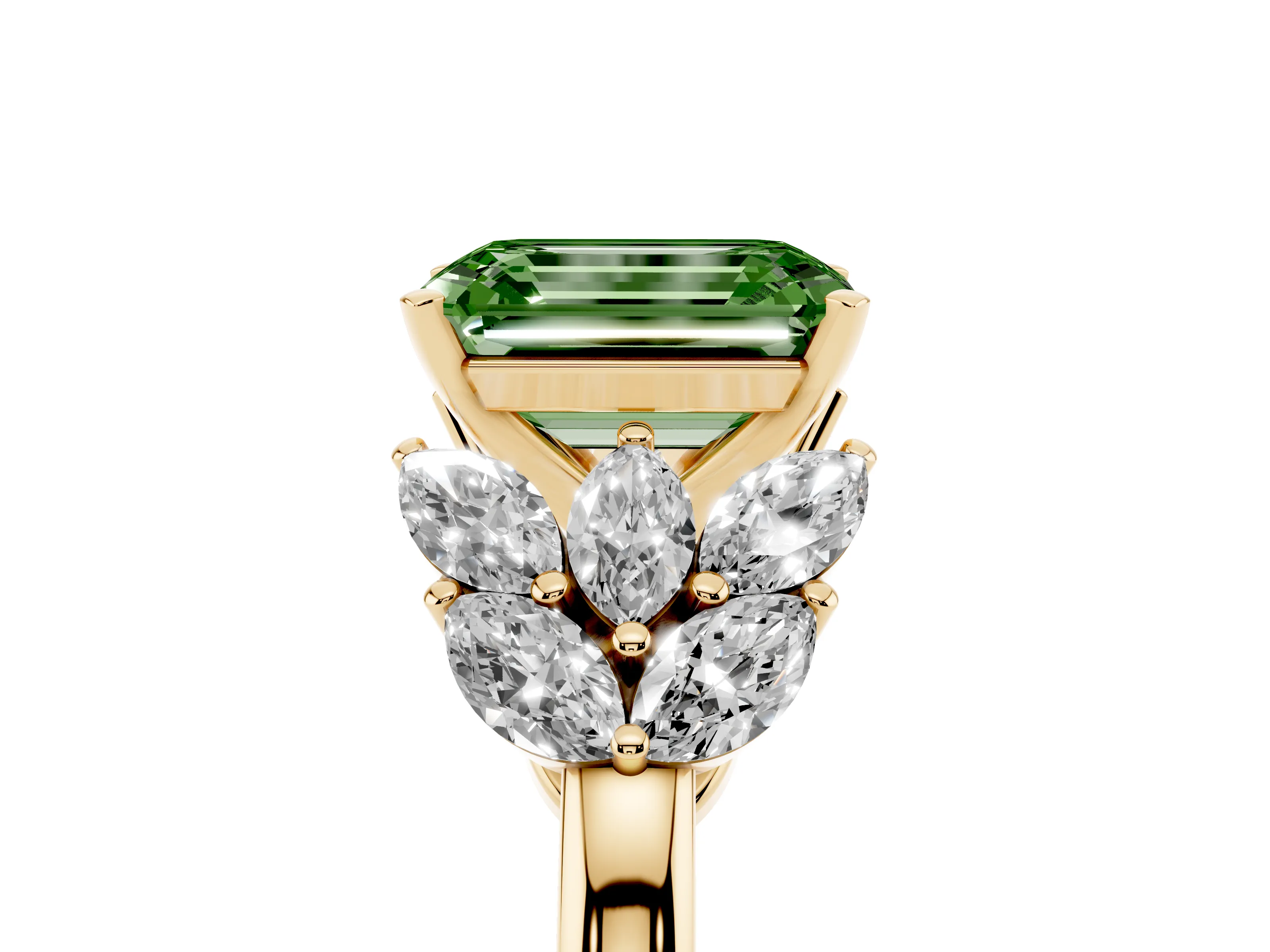 Fancy Green Emerald Cut Diamond Cluster Leaf Design Ring Set in Yellow gold with Prong Setting