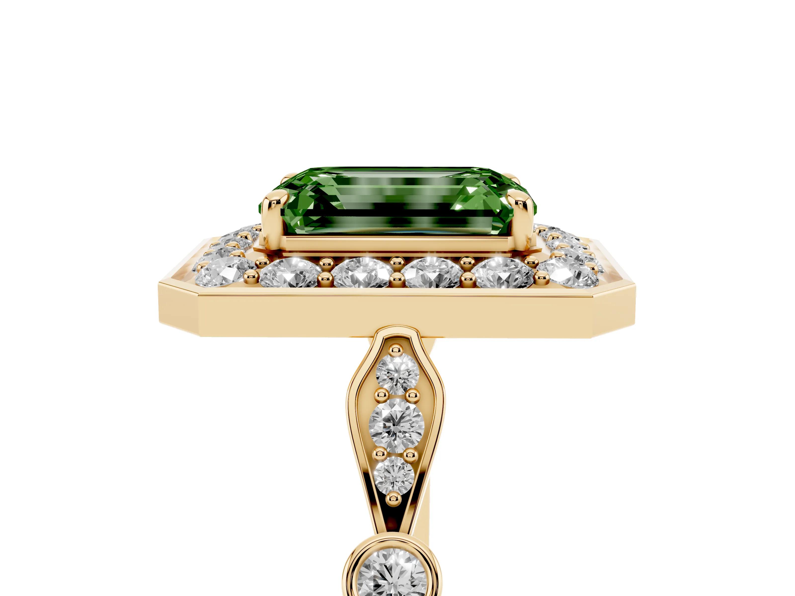 Fancy Green Emerald Cut Diamond Halo Engagement Ring Set in Yellow gold with Twisted Band and Prong Setting