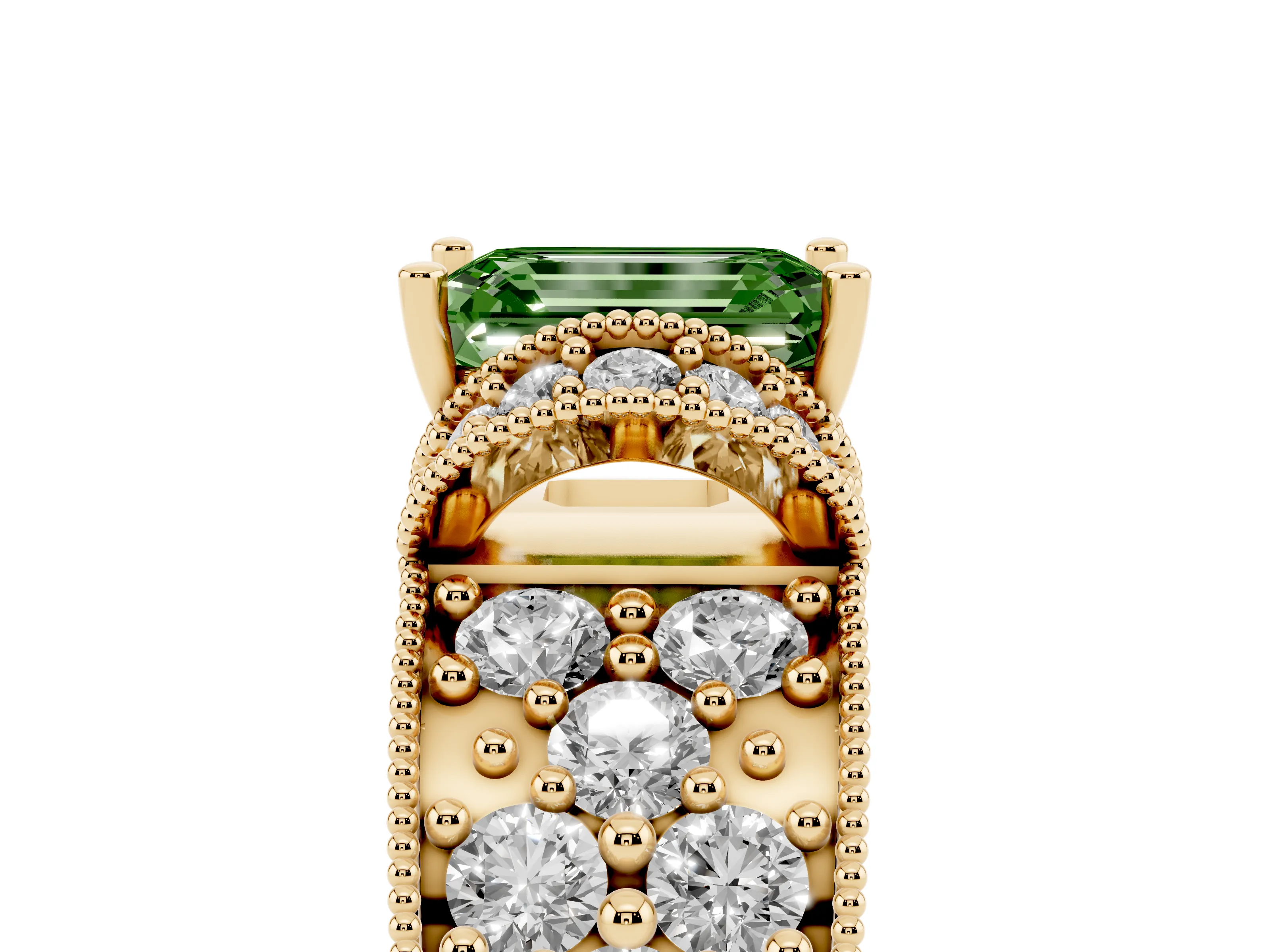 Fancy Green Emerald Cut Diamond Milgrain Halo Pavé Engagement Ring Set in Yellow gold with Prong Setting