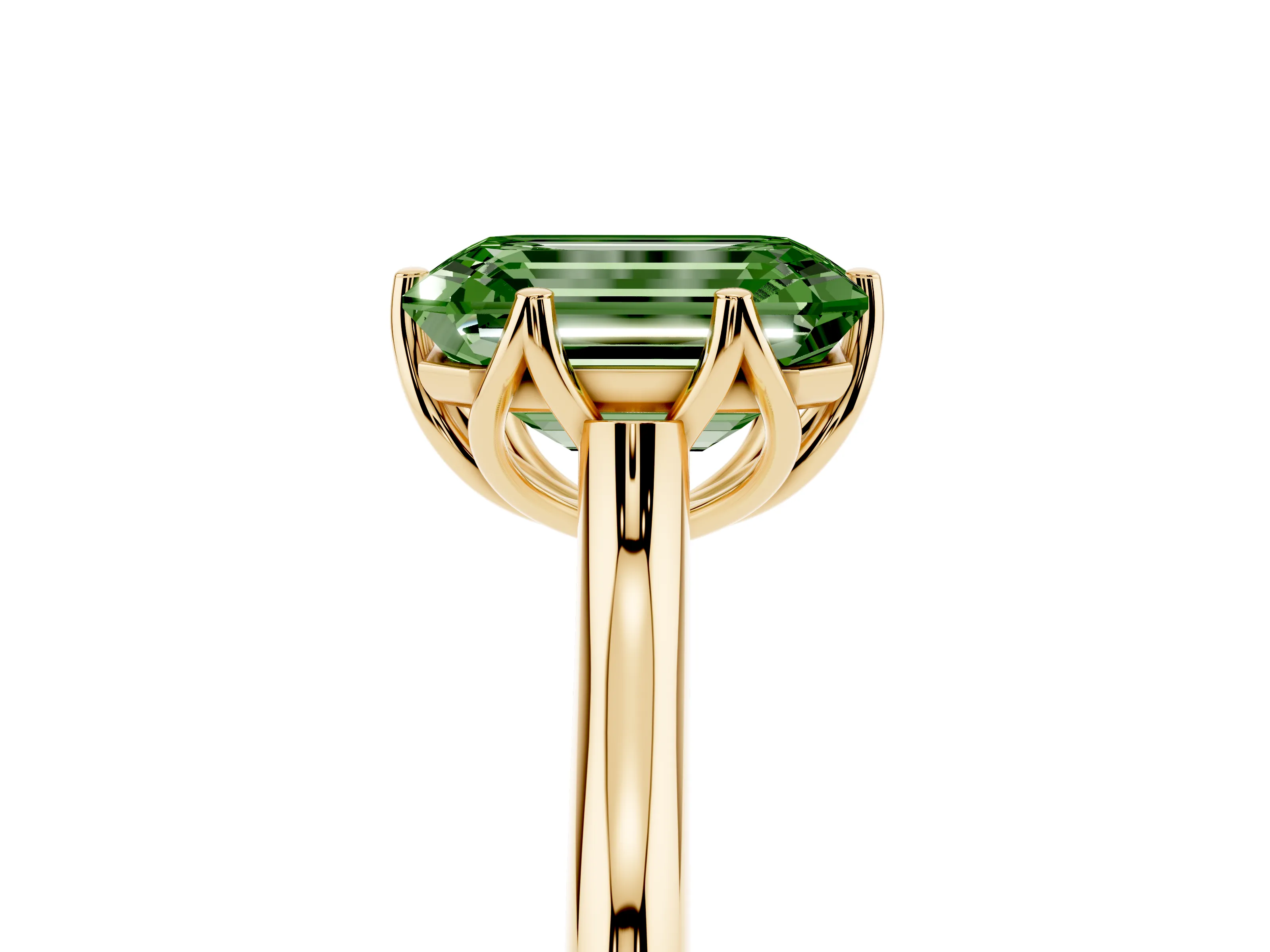 Fancy Green Emerald Cut Diamond Solitaire Cathedral Ring Set in Yellow gold with Prong Setting