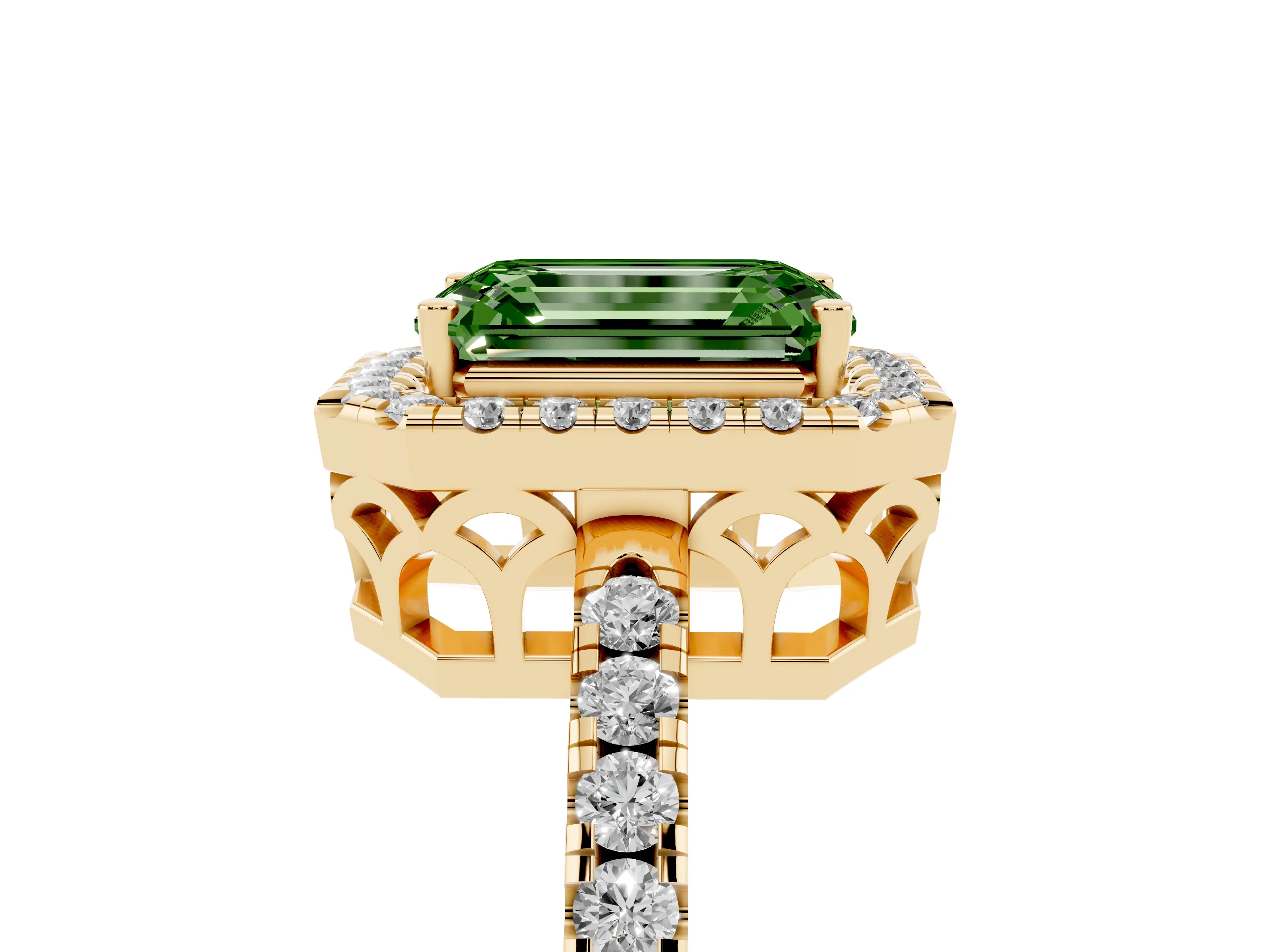 Fancy Green Emerald Cut Diamond Pavé Band Halo Engagement Ring Set in Yellow gold with Prong Setting