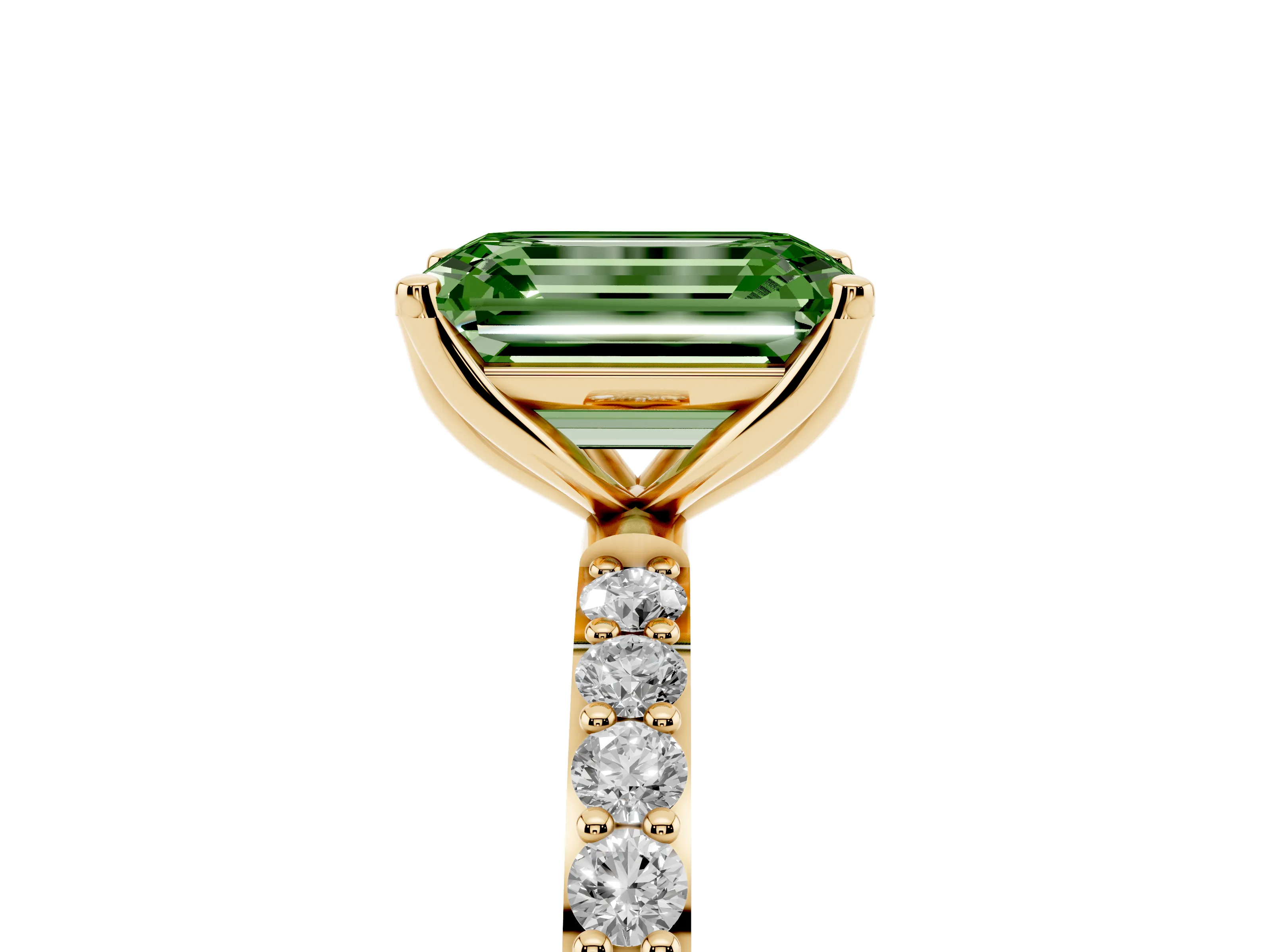 Fancy Green Emerald Cut Diamond Solitaire Engagement Ring Set in Yellow gold with Round Pavé Band and Prong Setting