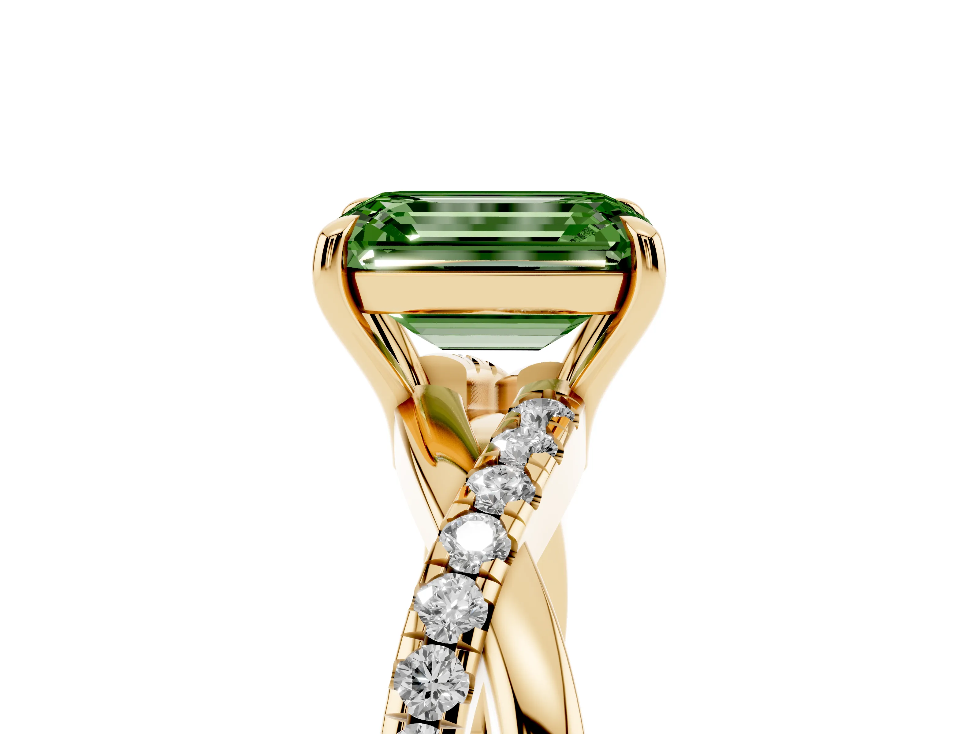 Fancy Green Emerald Cut Diamond Twisted Pavé Band Ring Set in Yellow gold with Prong Setting