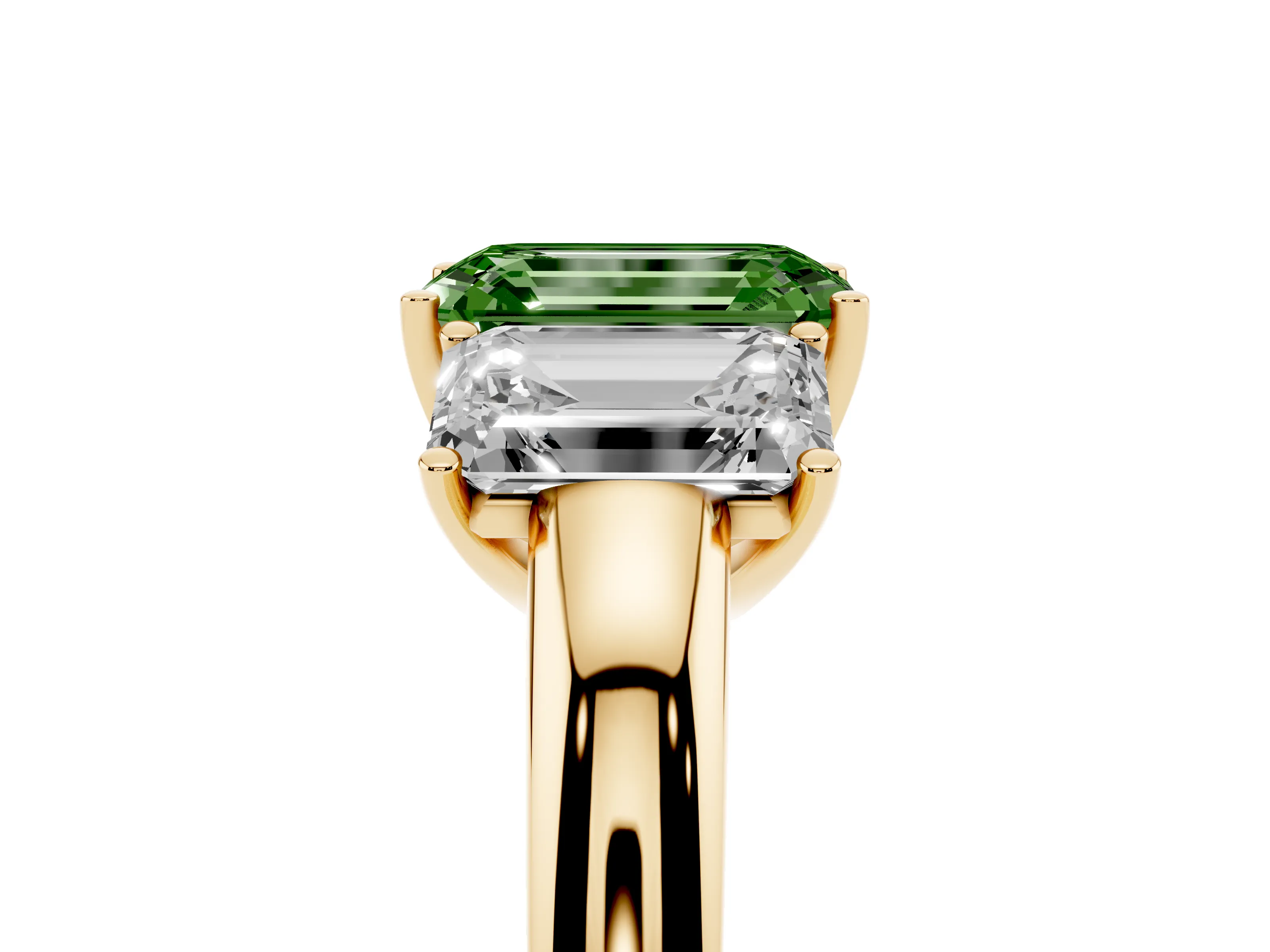 Fancy Green Emerald Cut Diamond Three-Stone Ring Set in Yellow gold with Bold Center and Classic Band