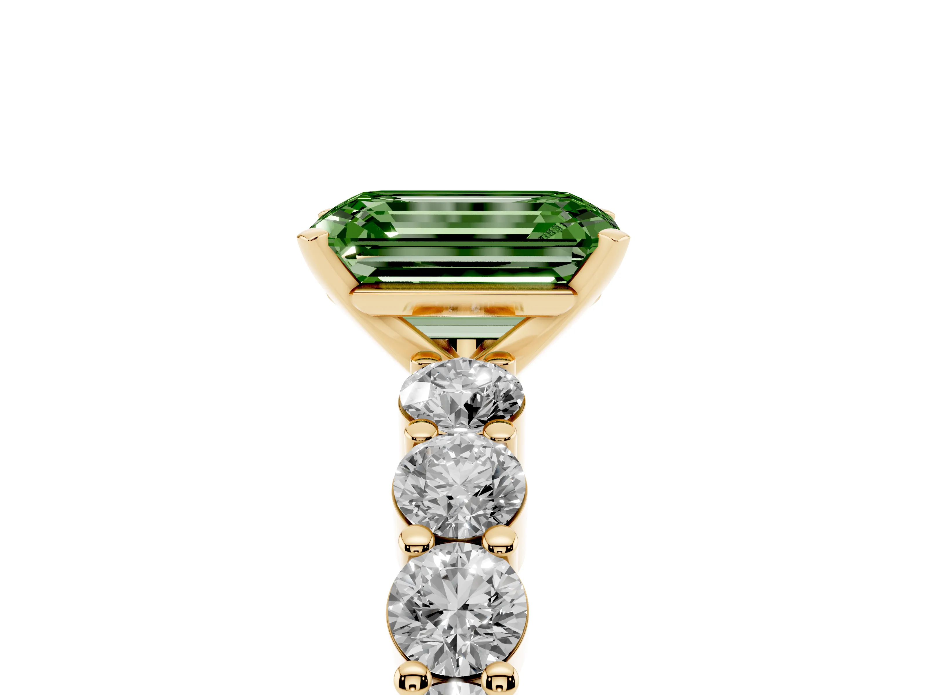 Fancy Green Emerald Cut Diamond Solitaire Ring Set in Yellow gold with Shared Prong Round Side Stones