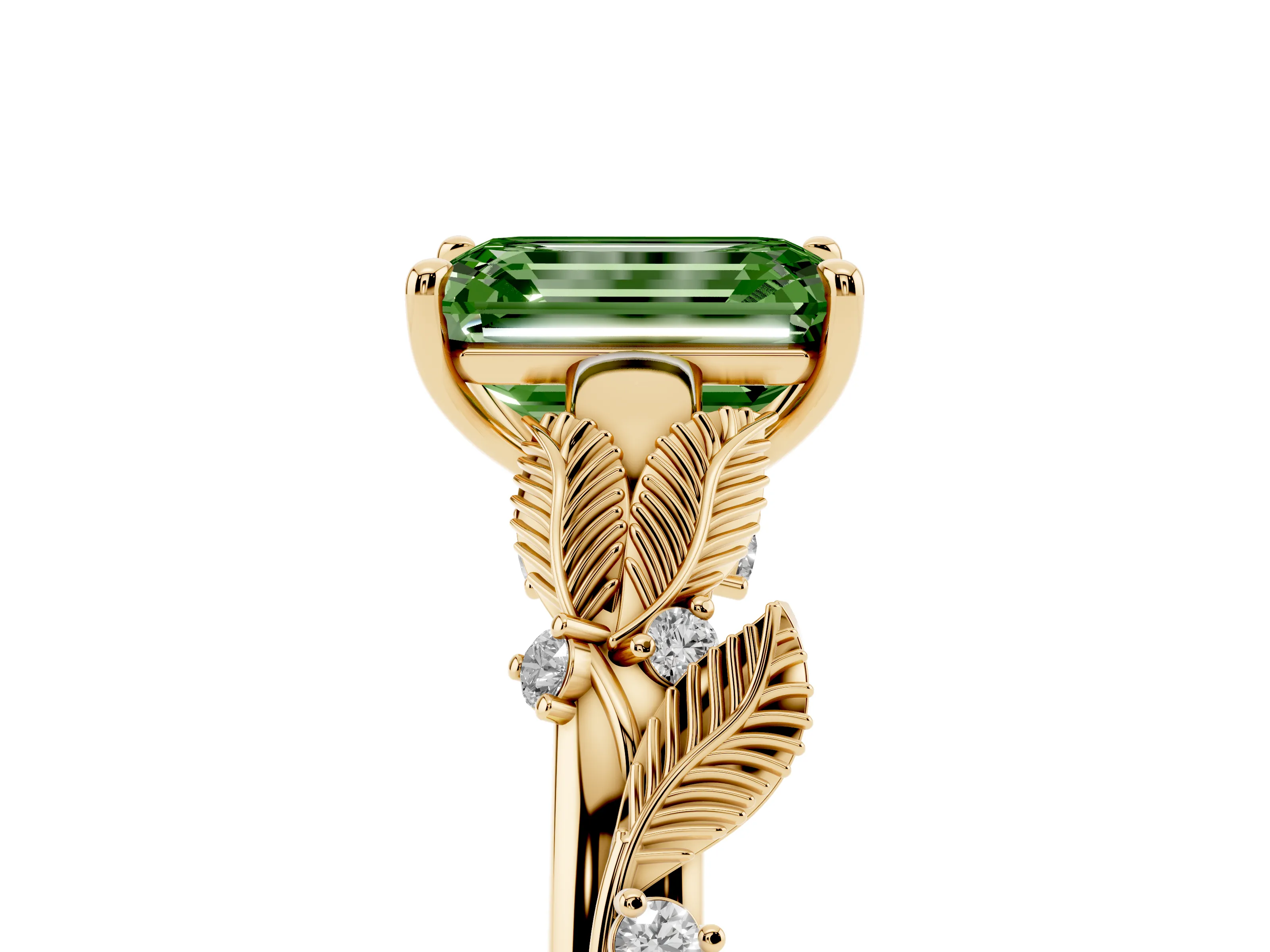 Fancy Green Emerald Cut Diamond Solitaire Ring Set in Yellow gold with Leaf Motif Band