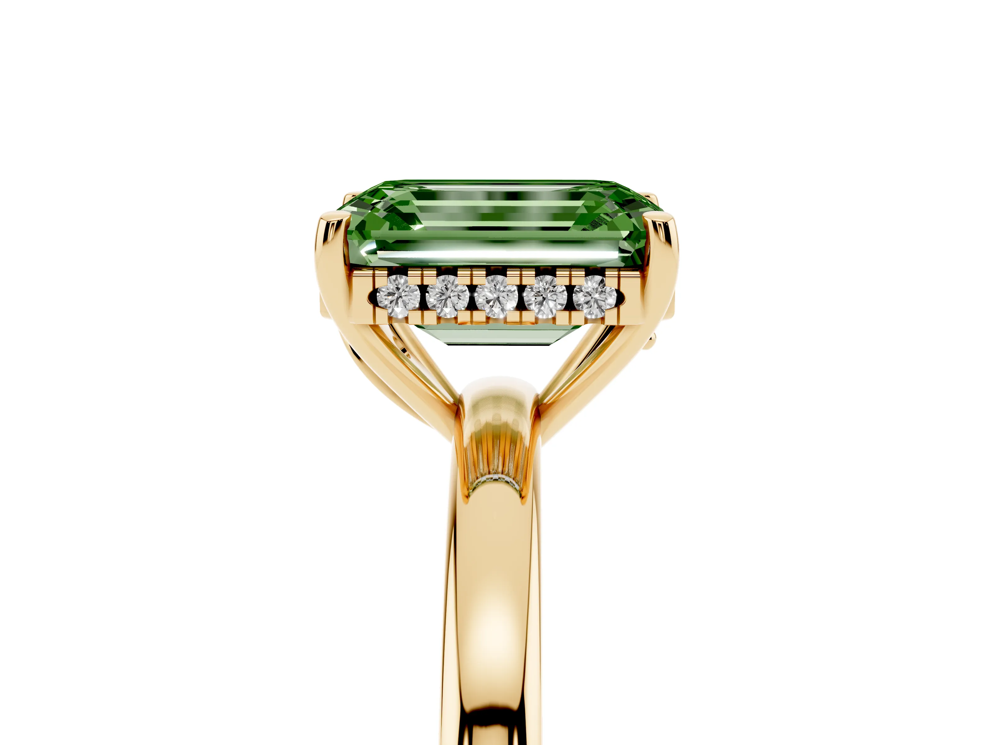 Fancy Green Emerald Cut Diamond Solitaire Ring Set in Yellow gold with Plain Band and Prong Setting