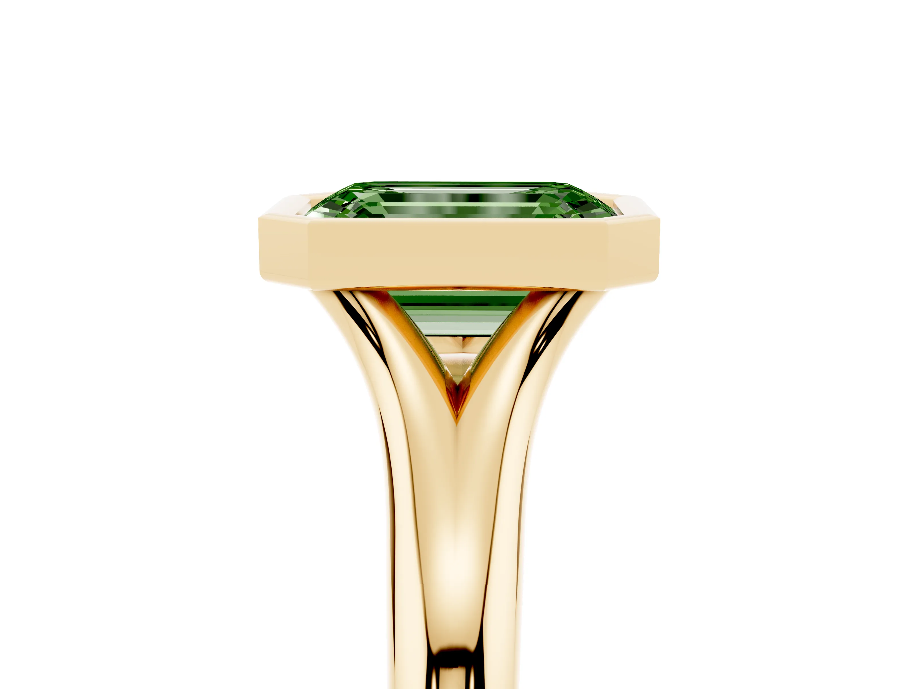 Fancy Green Bezel Set Emerald Cut Diamond Solitaire Ring Set in Yellow gold with Smooth Band