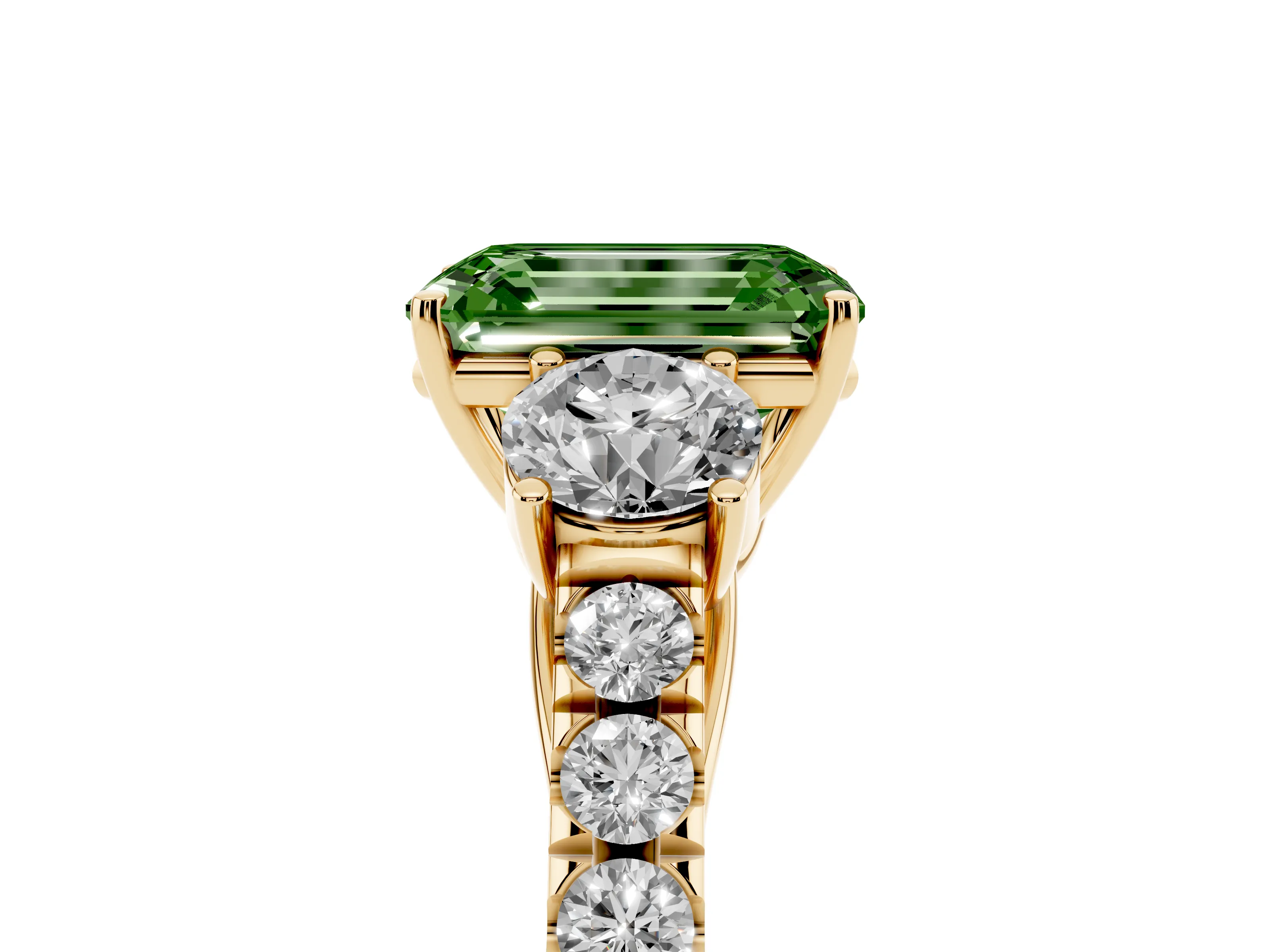 Fancy Green Emerald Cut Diamond Three-Stone Ring Set in Yellow gold with Round Side Stones and Delicate Pavé Band