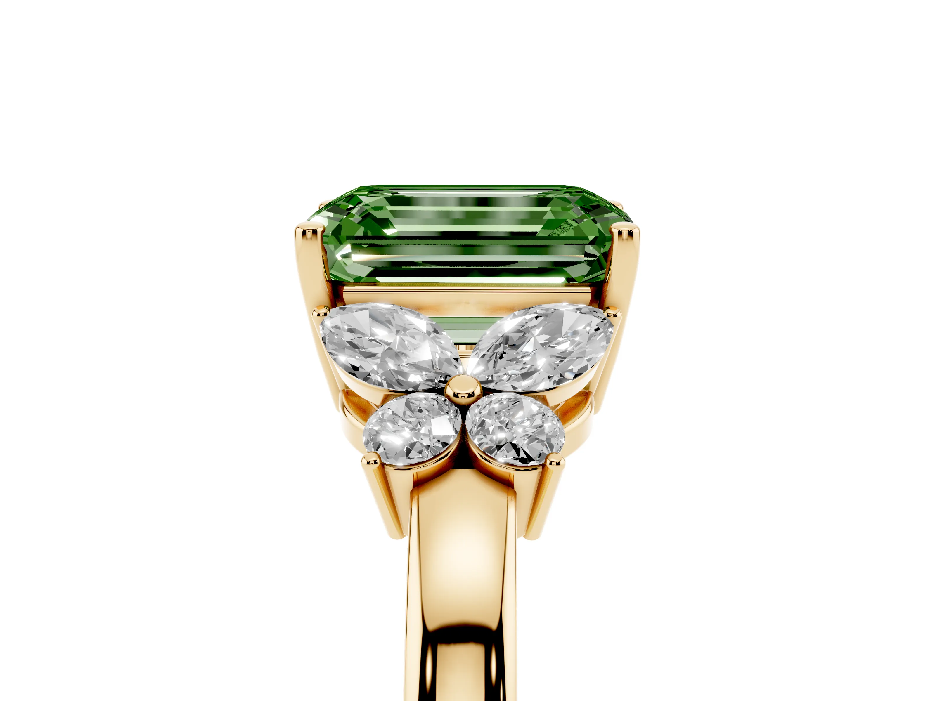 Fancy Green Emerald Cut Diamond Solitaire Floral Ring Set in Yellow gold with Marquise Petals and Prong Setting