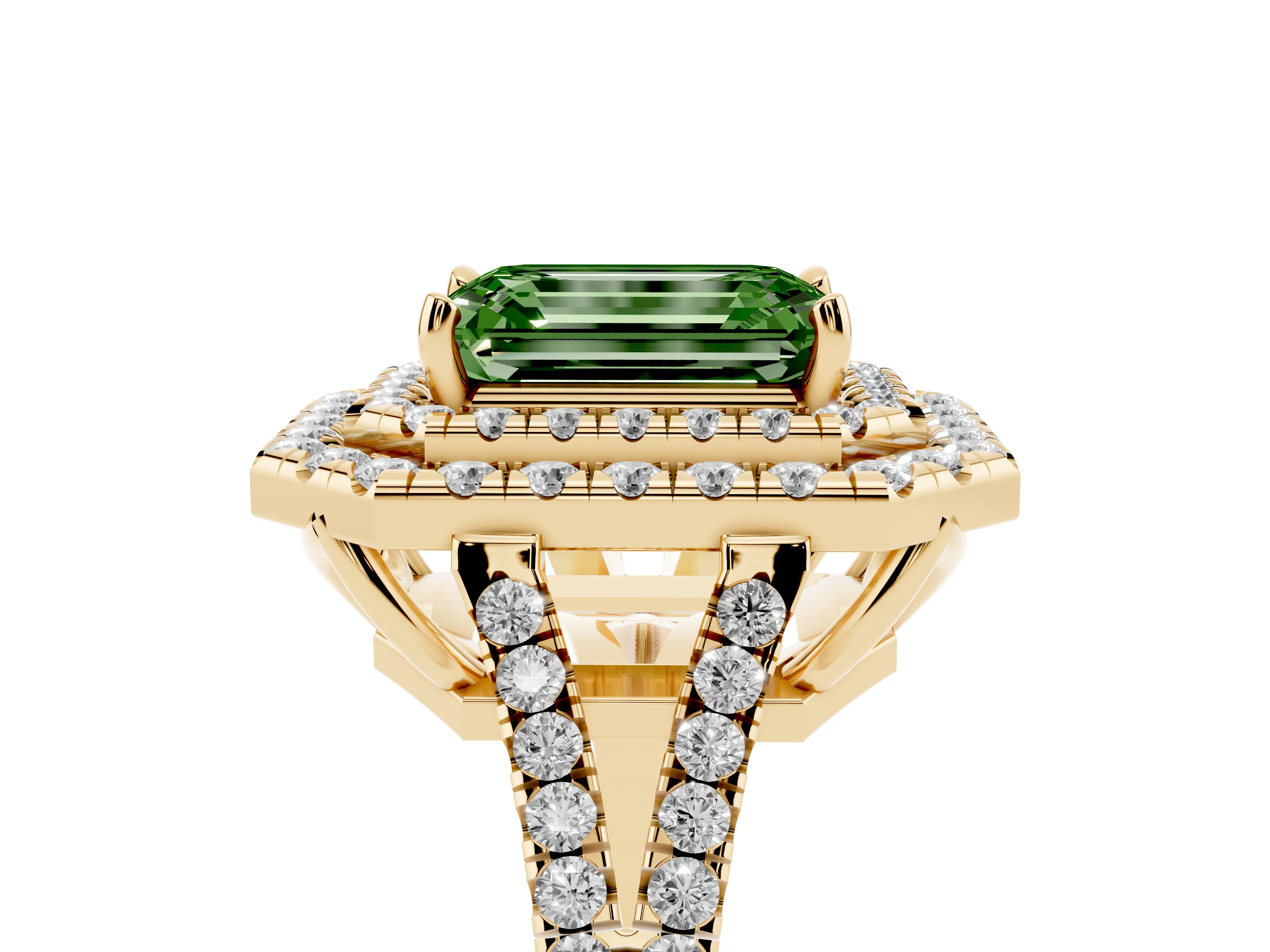 Fancy Green Emerald Cut Diamond Double Halo Ring Set in Yellow gold with Pavé Band