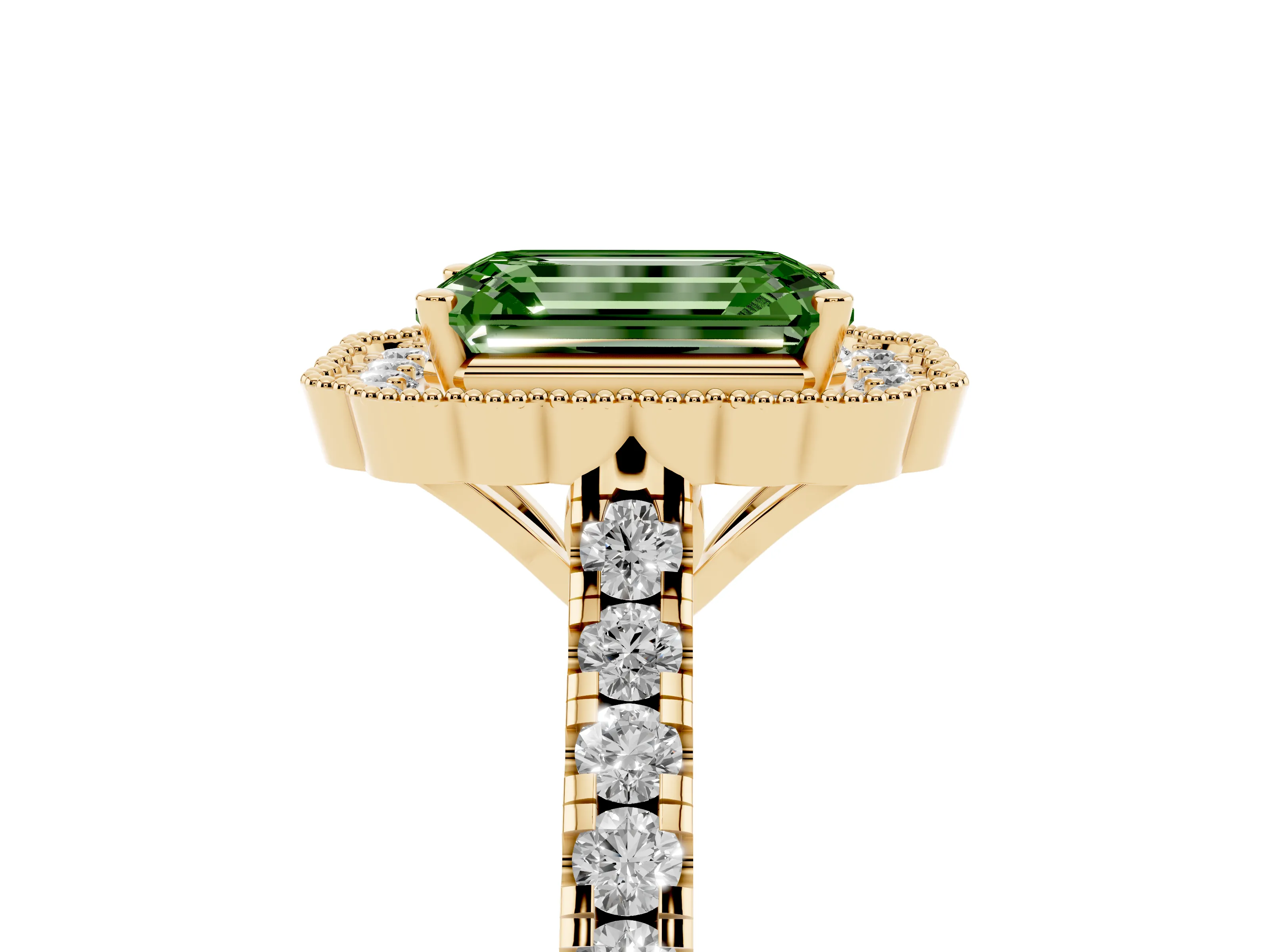 Fancy Green Emerald Cut Diamond Milgrain Floral Halo Engagement Ring Set in Yellow gold with Pavé Band