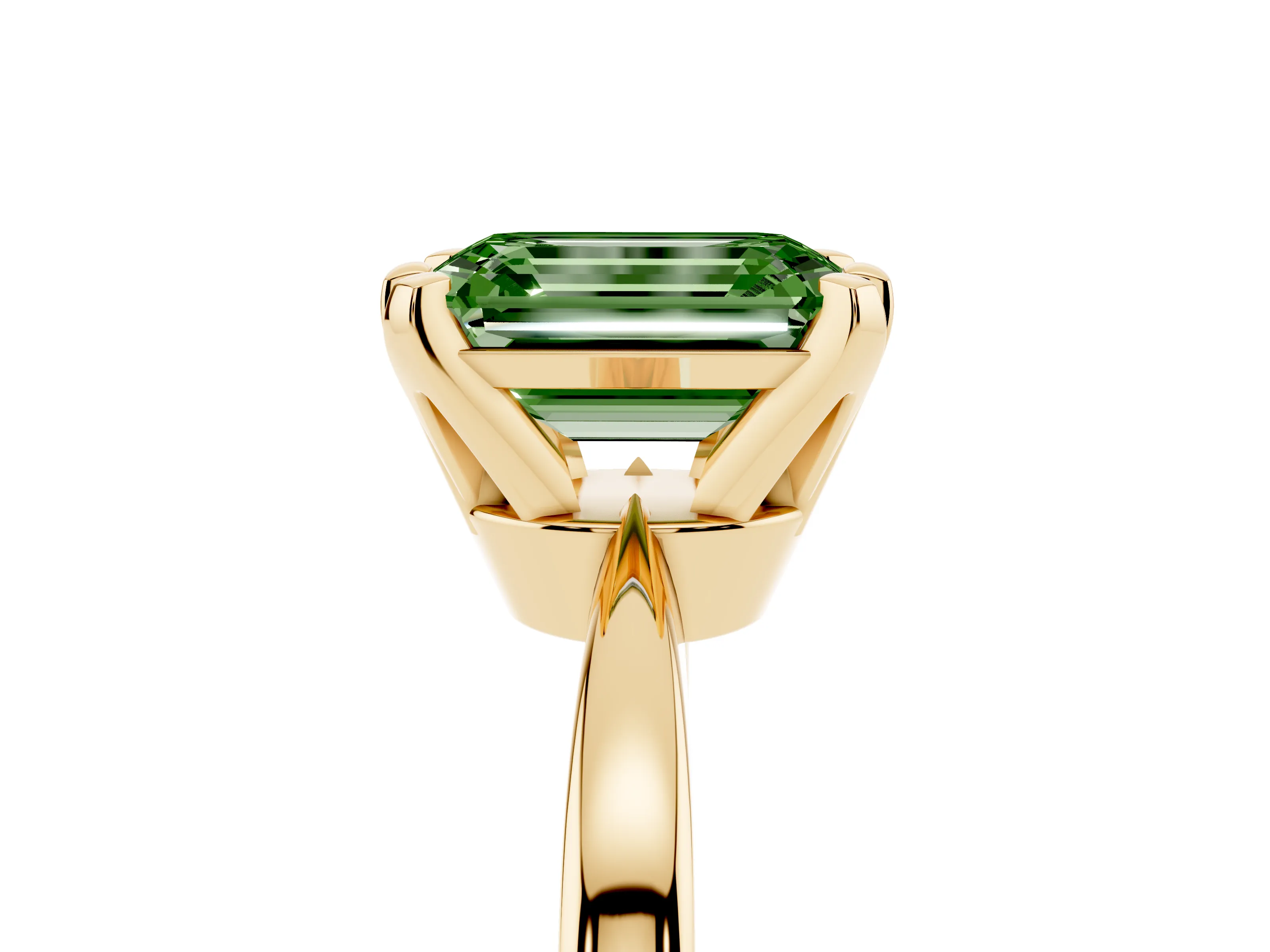 Fancy Green Emerald Cut Diamond Solitaire Engagement Ring Set in Yellow gold with Slim Tapered Solitaire Band