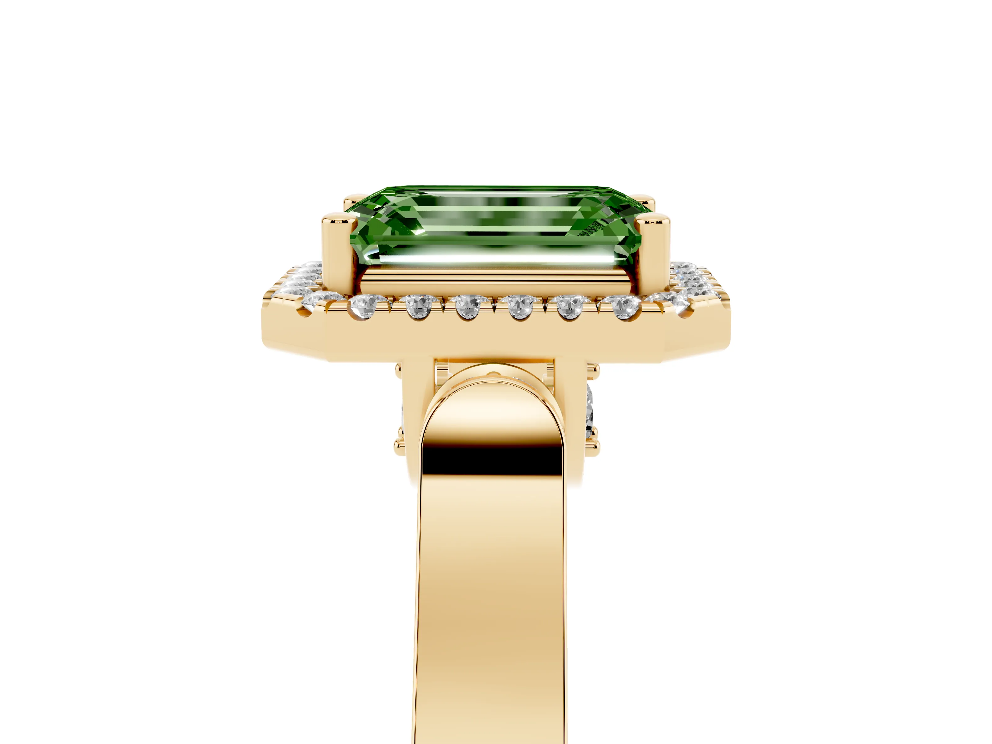 Fancy Green Emerald Cut Diamond Halo Ring Set in Yellow gold with Pavé-Lined Split Shank Band