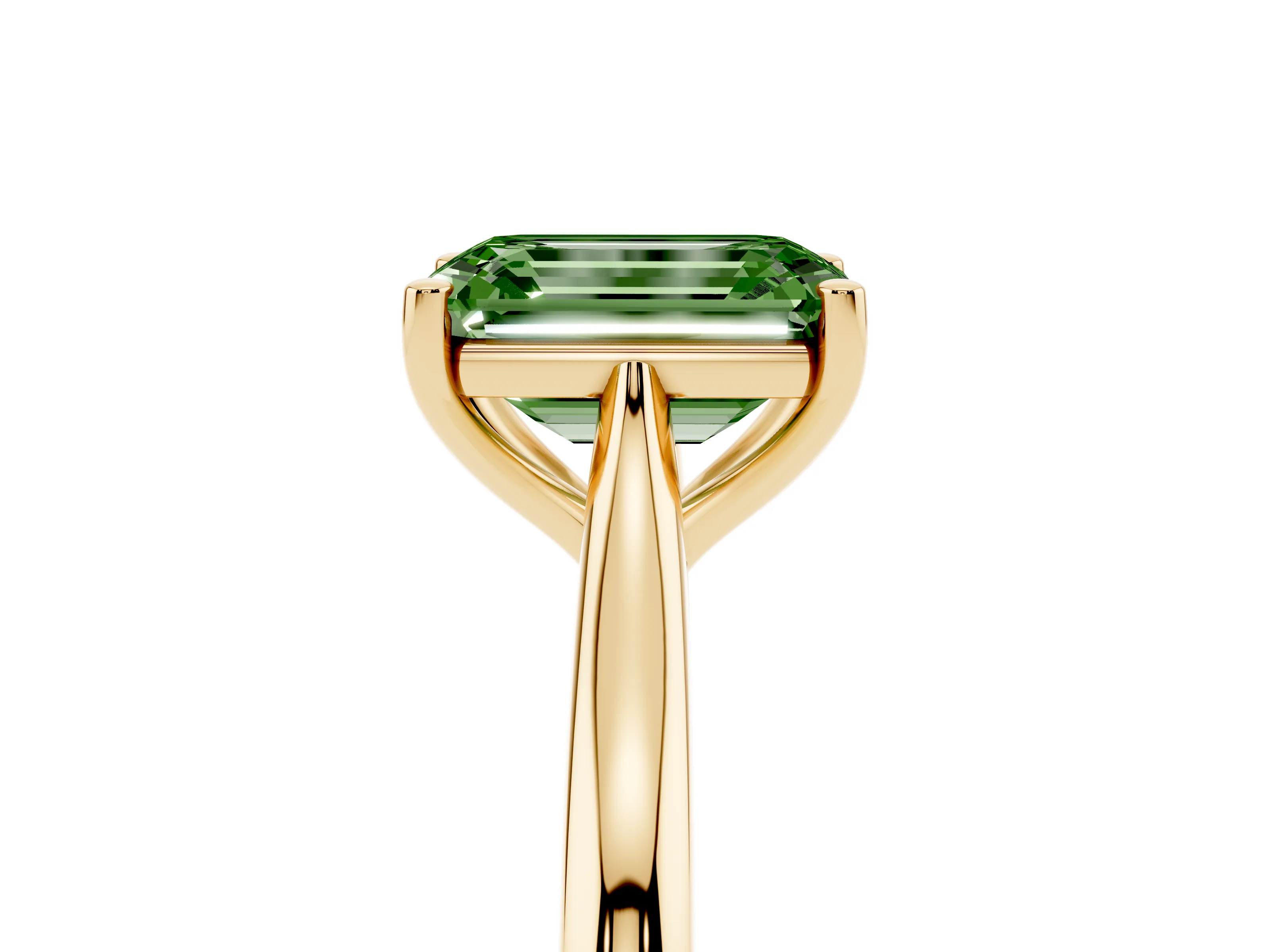 Fancy Green Emerald Cut Diamond Solitaire Ring Set in Yellow gold with Cathedral Band and Prong Setting