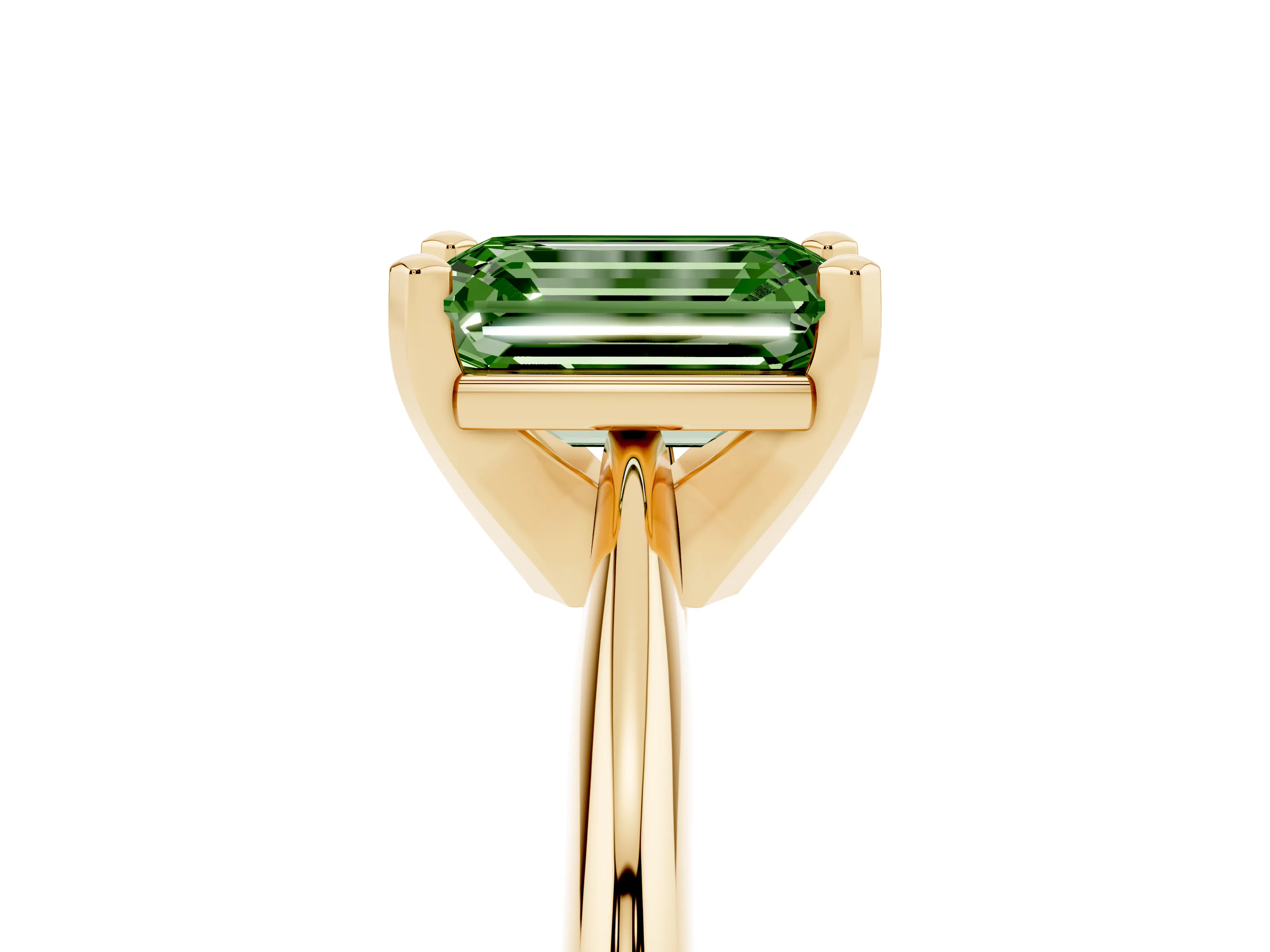 Fancy Green Emerald Cut Diamond Solitaire Ring Set in Yellow gold with Prong Setting on a Plain Round Band