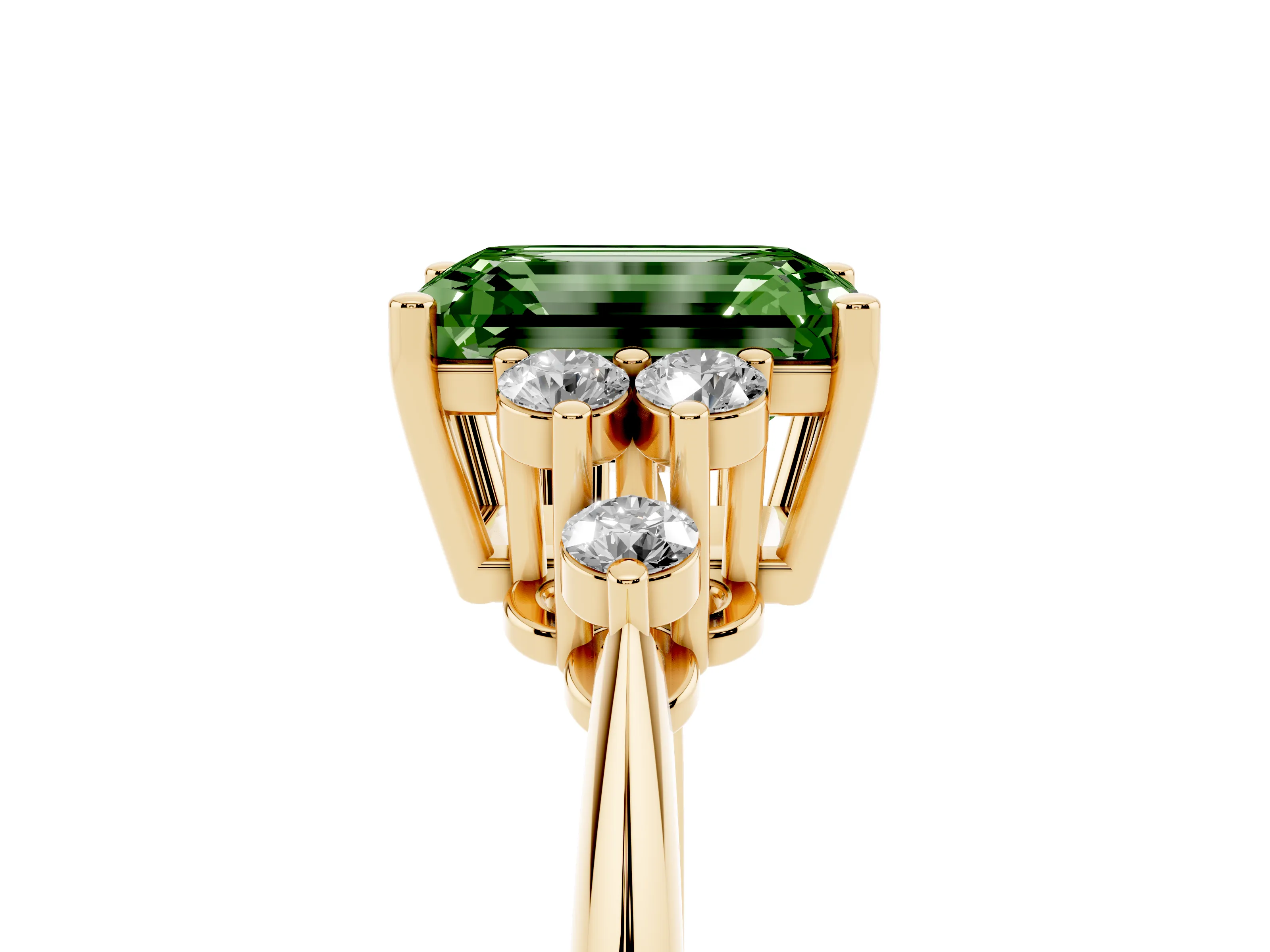 Fancy Green Emerald Cut Diamond Cluster Ring Set in Yellow gold with Plain Band and Prong Setting