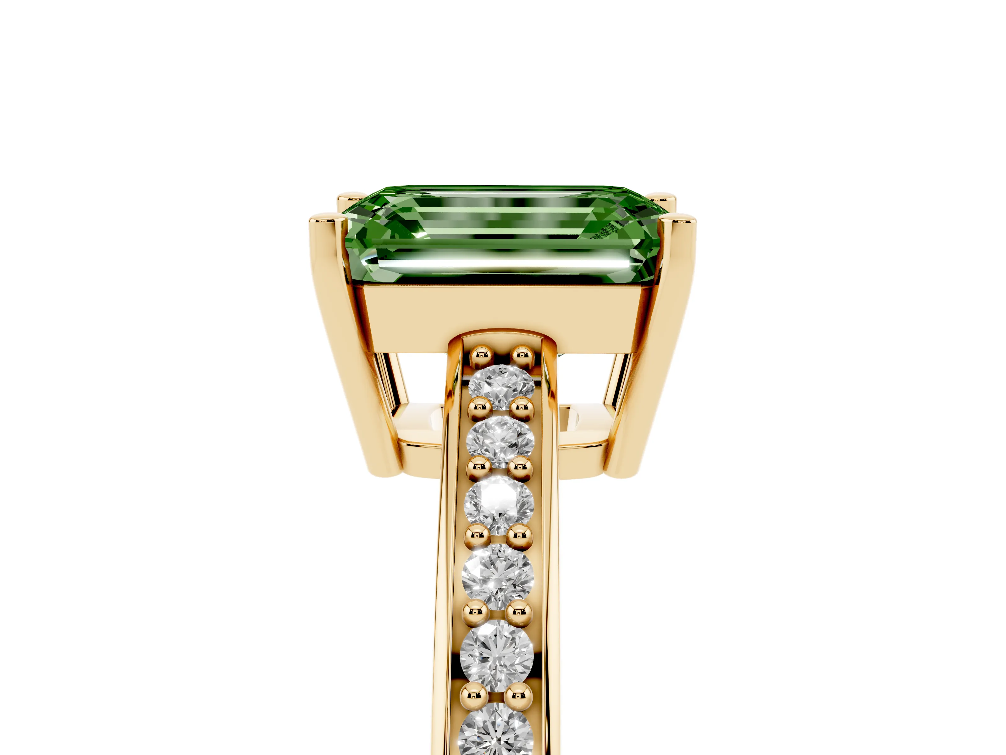 Fancy Green Emerald Cut Diamond Pavé Band Prong Set Solitaire Ring Set in Yellow gold