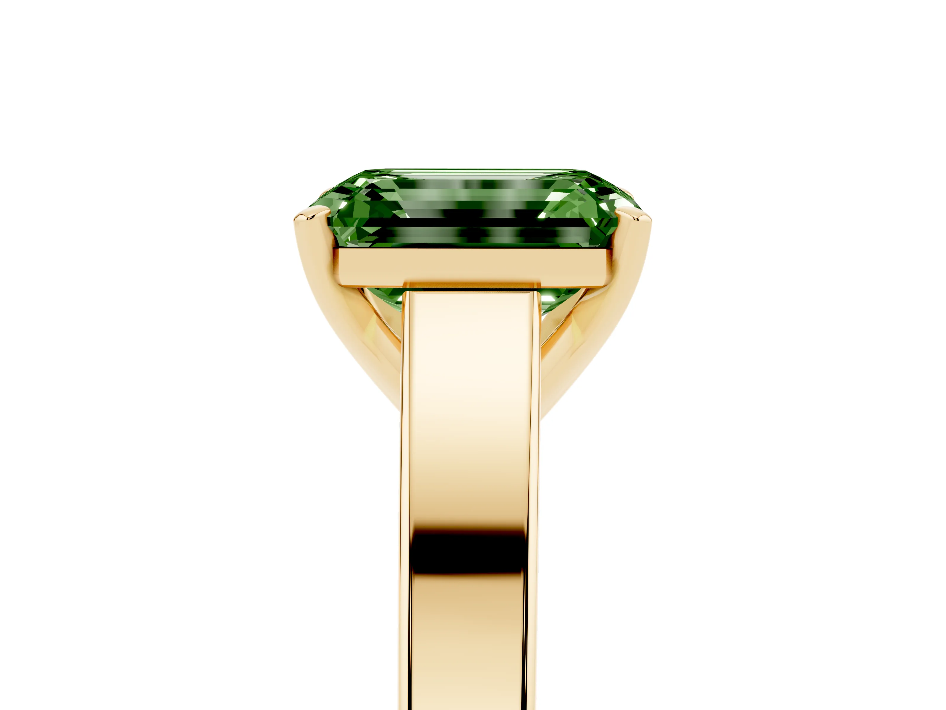 Fancy Green Emerald Cut Diamond Solitaire Engagement Ring Set in Yellow gold with Prong Setting and Tapered Band