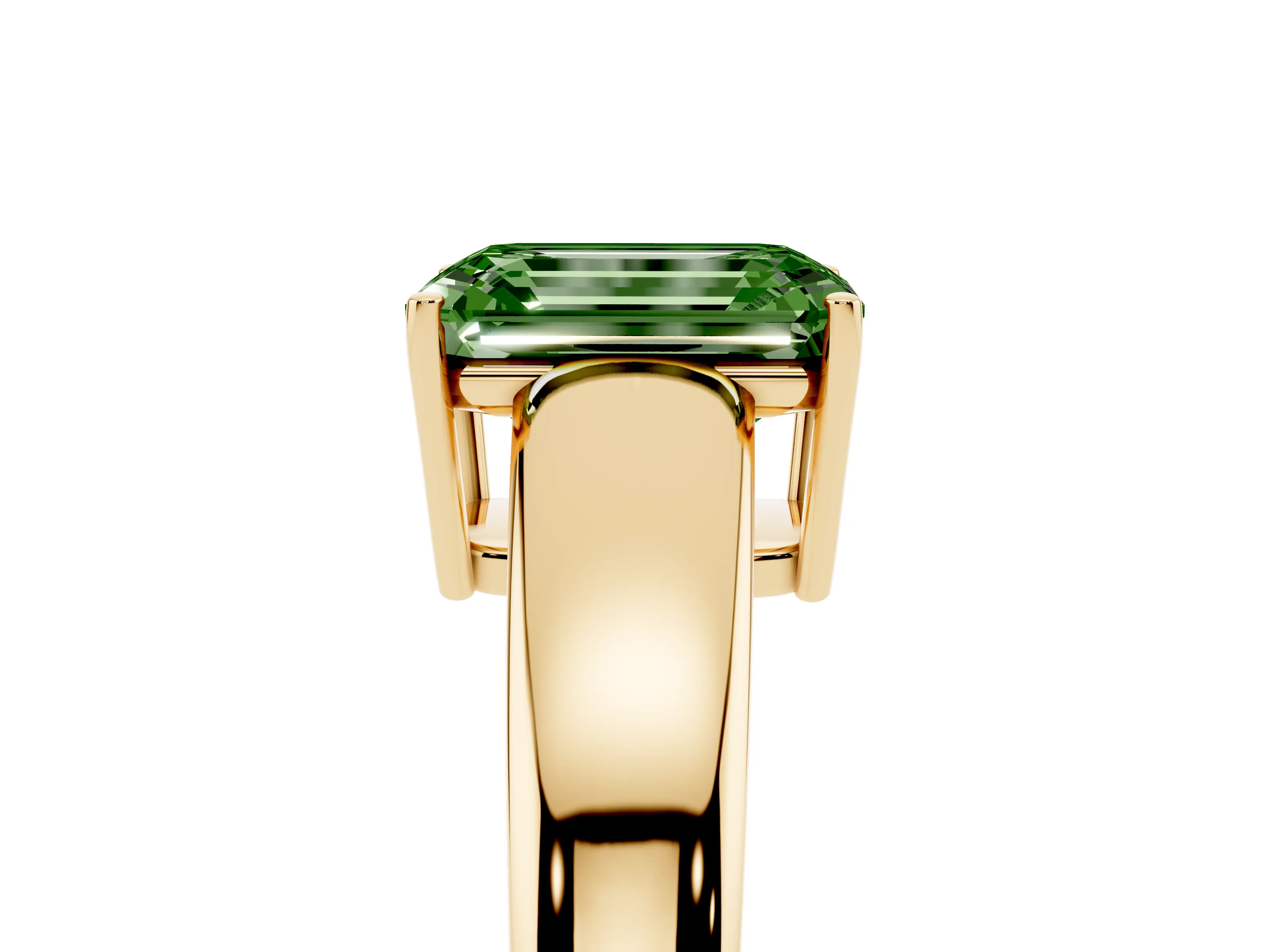 Fancy Green Emerald Cut Diamond Solitaire Ring Set in Yellow gold with Tapered Band and Prong Setting