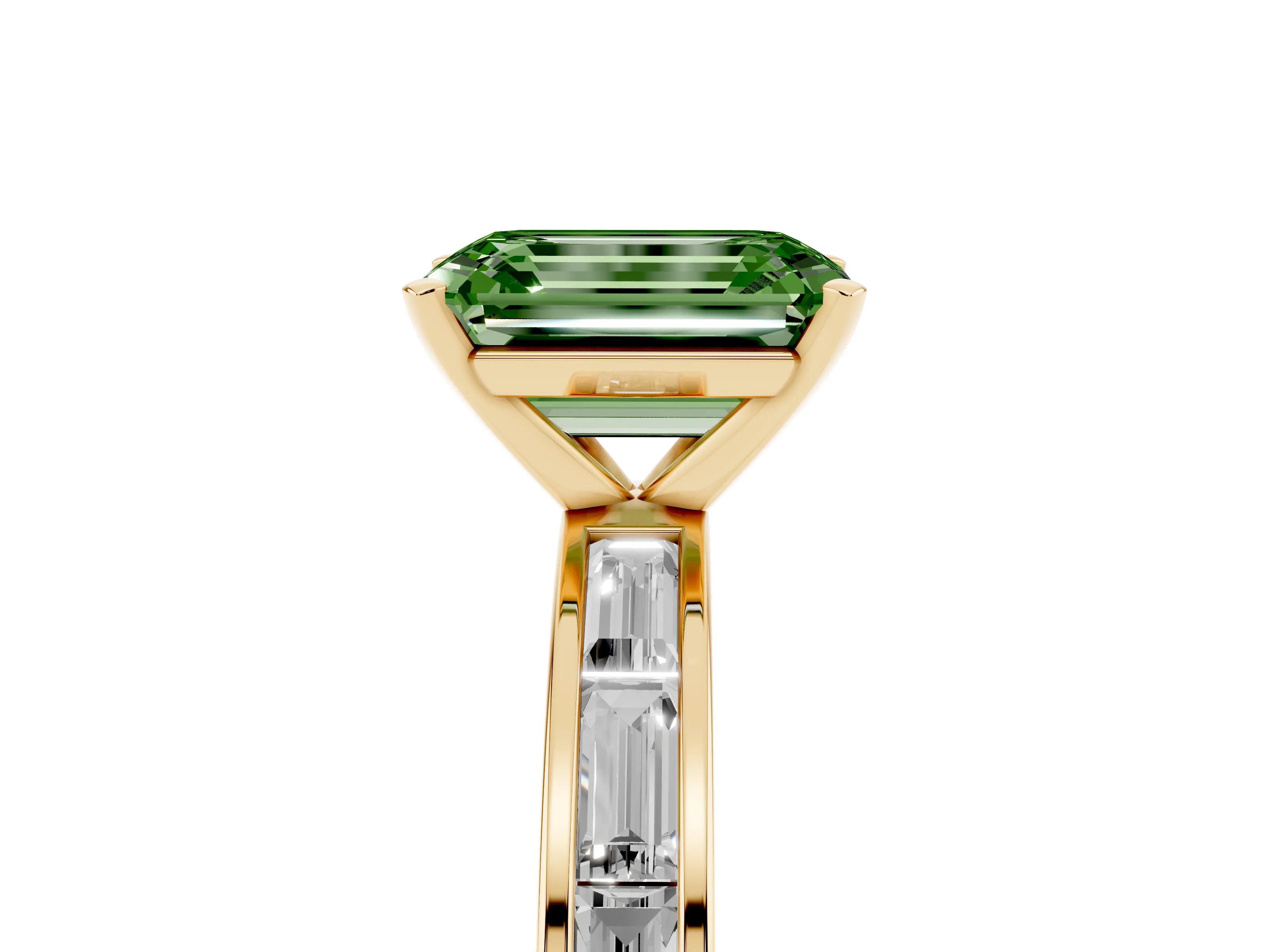 Fancy Green Emerald Cut Diamond Solitaire Ring Set in Yellow gold with Channel-Set Baguette Band and Prong Setting